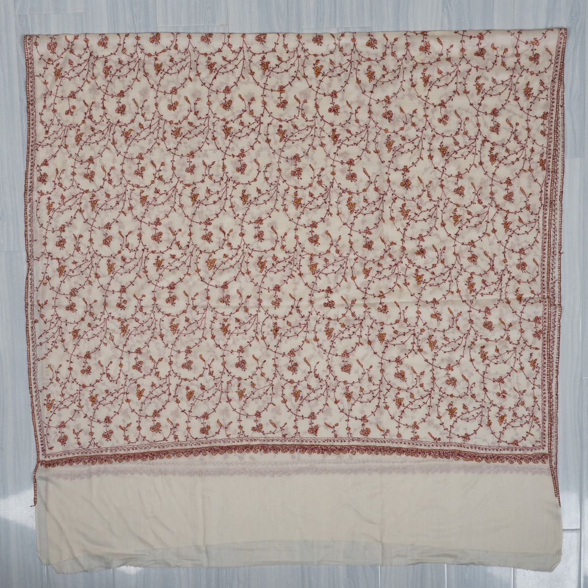 Blossom Vine Ivory: Merino wool 2.5 Yards Sozni Hand Embroidered Shawl