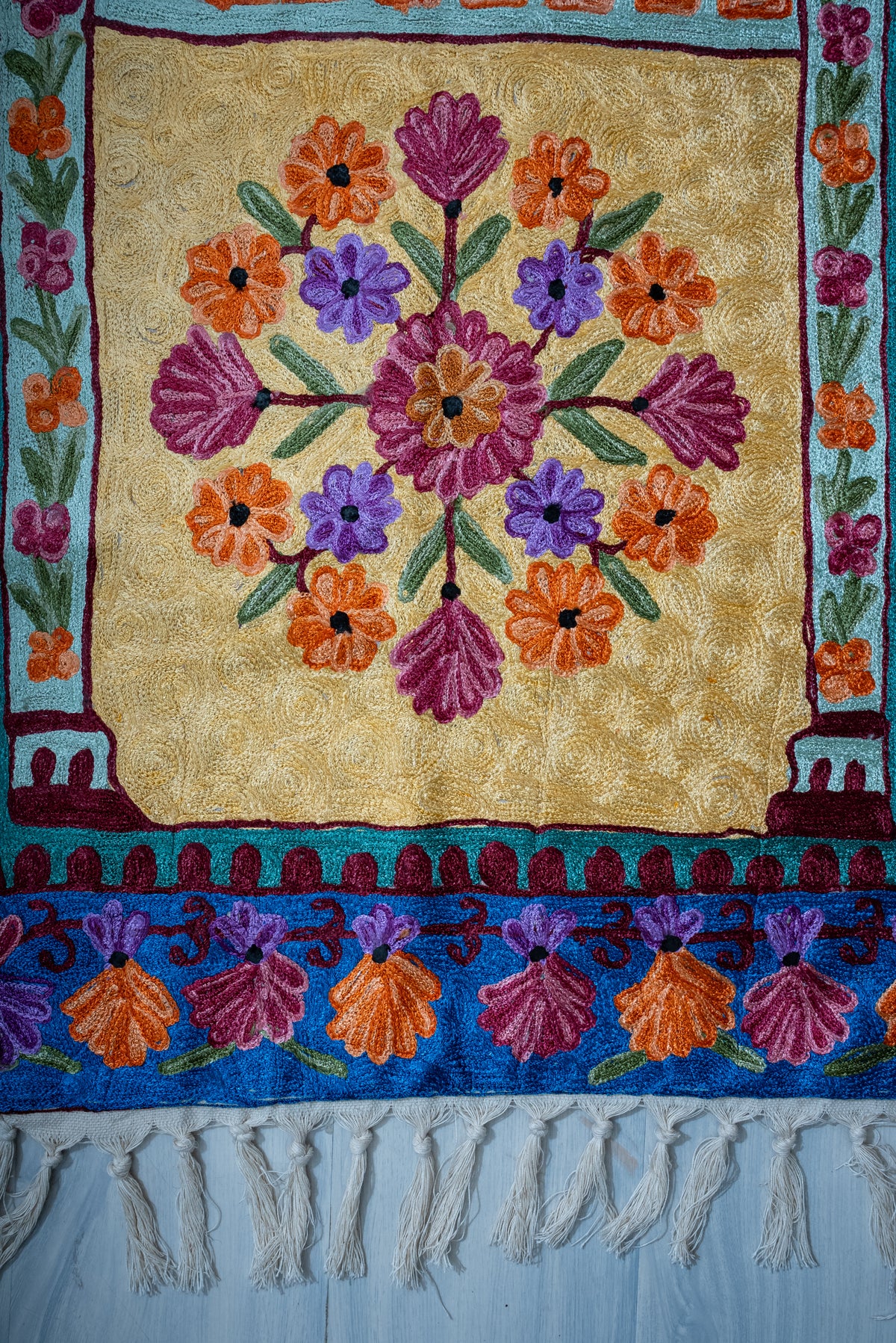 Golden Garden Radiance: Hand Embroidered Jainimaz (Prayer Mat)
