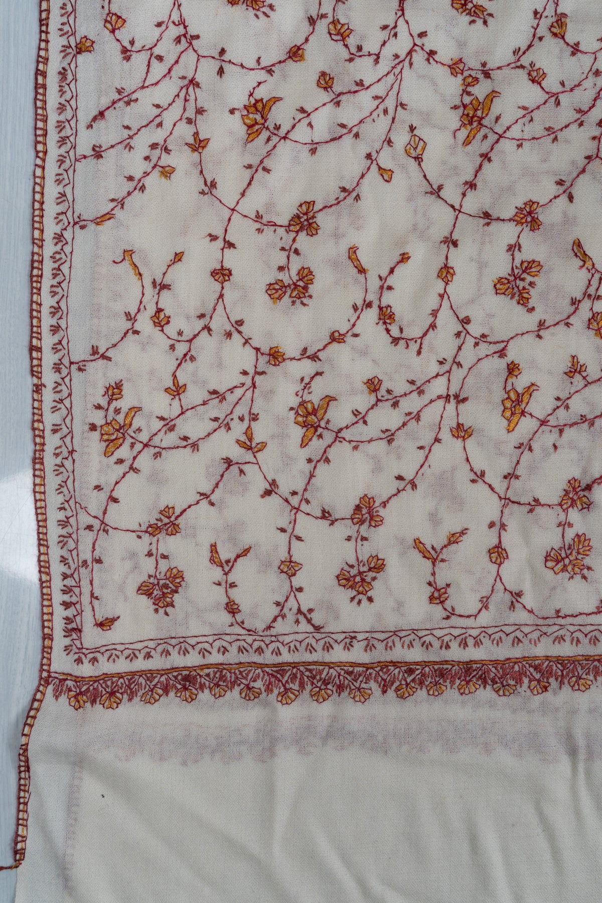 Blossom Vine Ivory: Merino wool 2.5 Yards Sozni Hand Embroidered Shawl