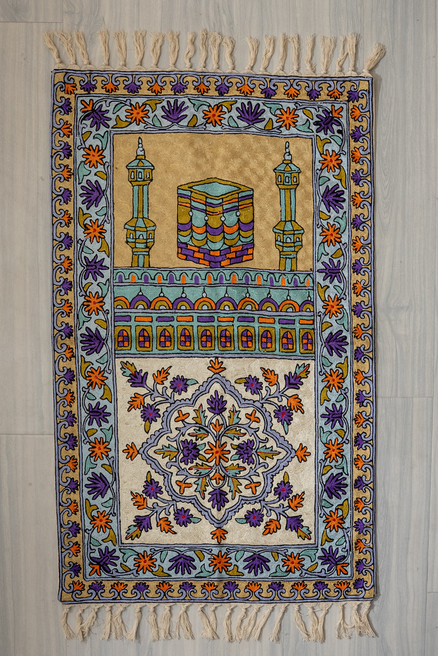 Celestial Twin Minaret Bloom: Hand Embroidered Jainimaz (Prayer Mat)