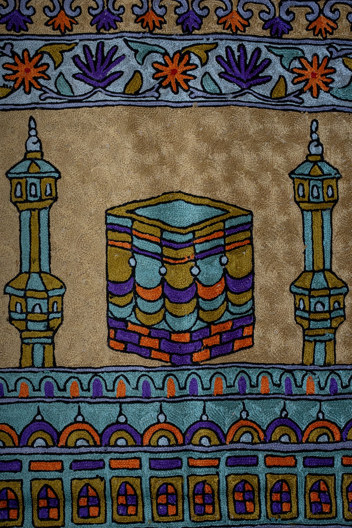 Celestial Twin Minaret Bloom: Hand Embroidered Jainimaz (Prayer Mat)