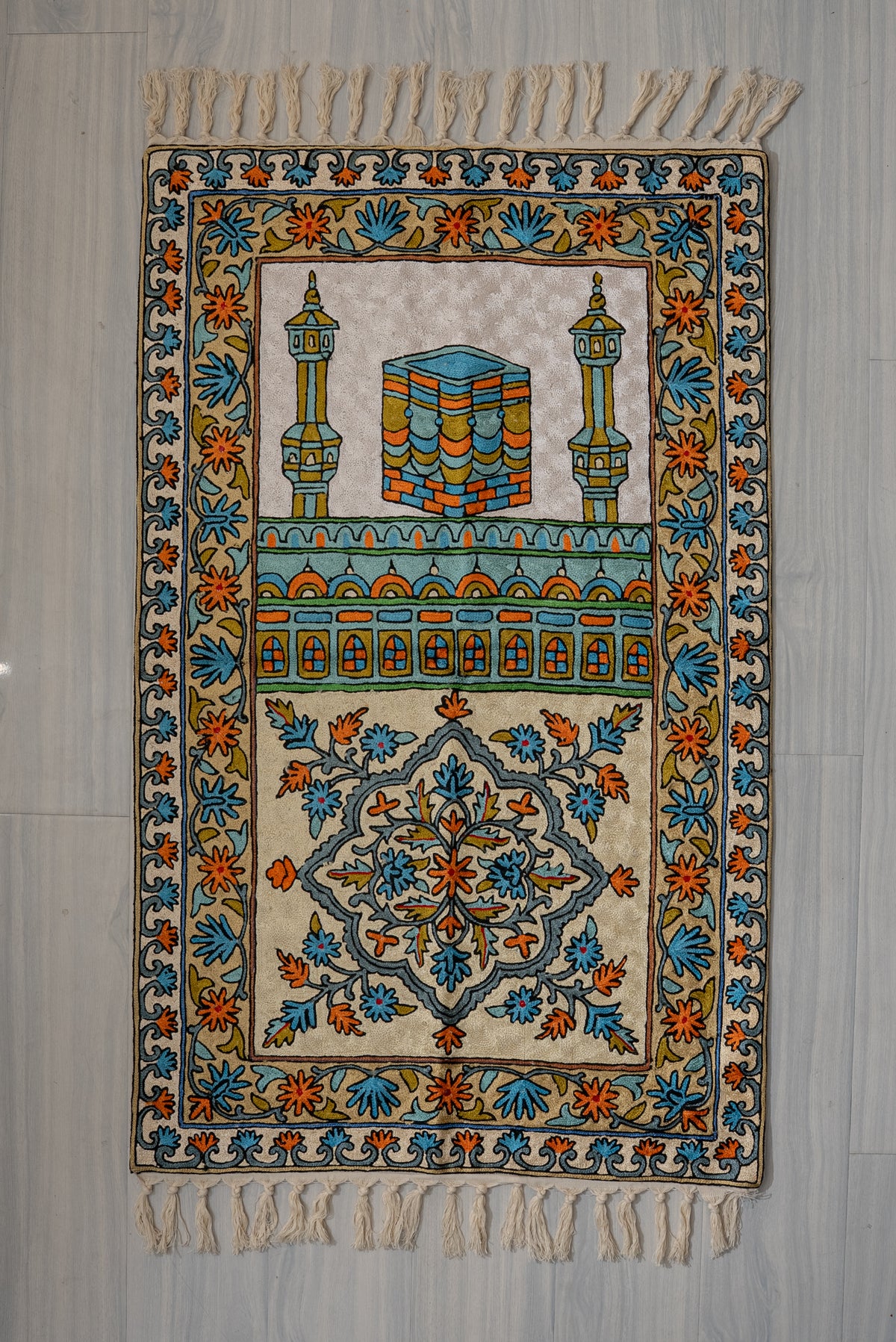 Azure Garden Minaret: Hand Embroidered Jainimaz (Prayer Mat)