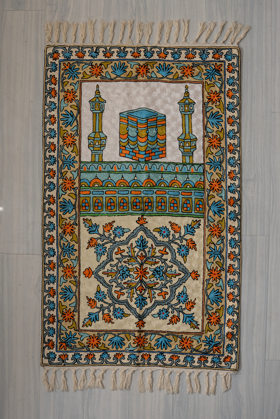 Azure Garden Minaret: Hand Embroidered Jainimaz (Prayer Mat)