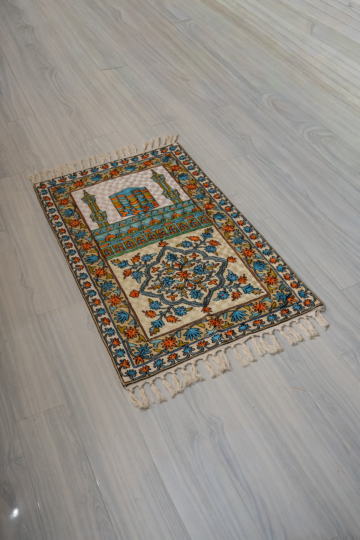 Azure Garden Minaret: Hand Embroidered Jainimaz (Prayer Mat)
