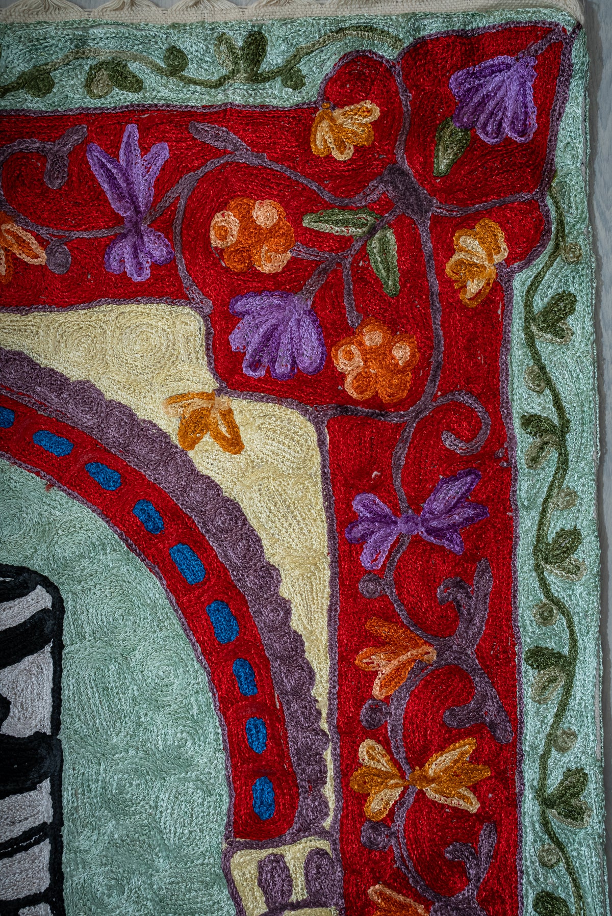 Crimson Arch Sanctuary: Hand Embroidered Jainimaz (Prayer Mat)