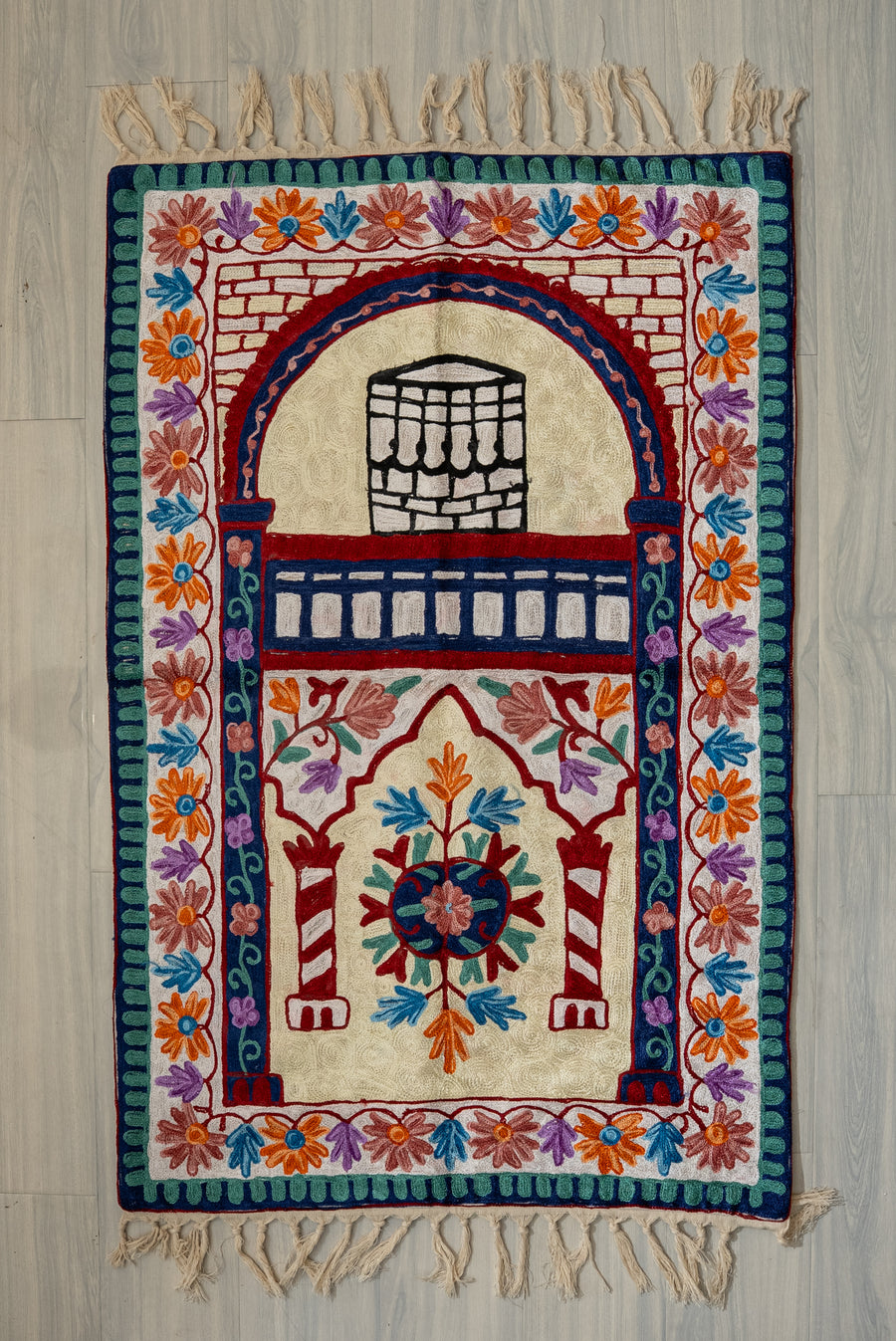 Floral Arch Harmony: Hand Embroidered Jainimaz (Prayer Mat)