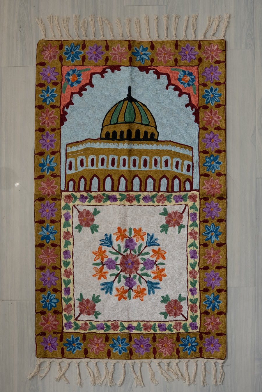 Golden Dome Bloom: Hand Embroidered Jainimaz (Prayer Mat)
