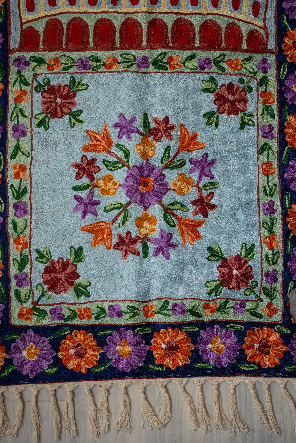 Midnight Floral Dome Grace: Hand Embroidered Jainimaz (Prayer Mat)