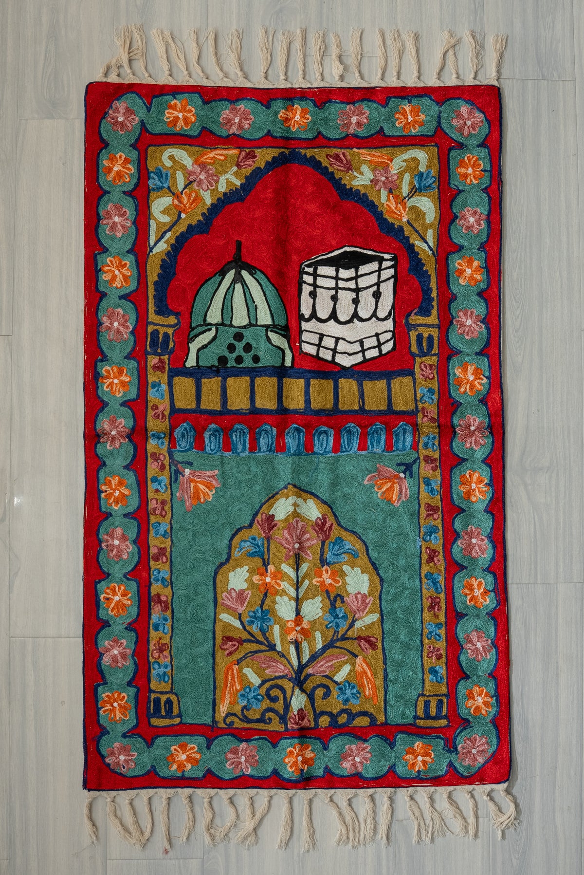 Crimson Sanctuary Dual Motif: Hand Embroidered Jainimaz (Prayer Mat)