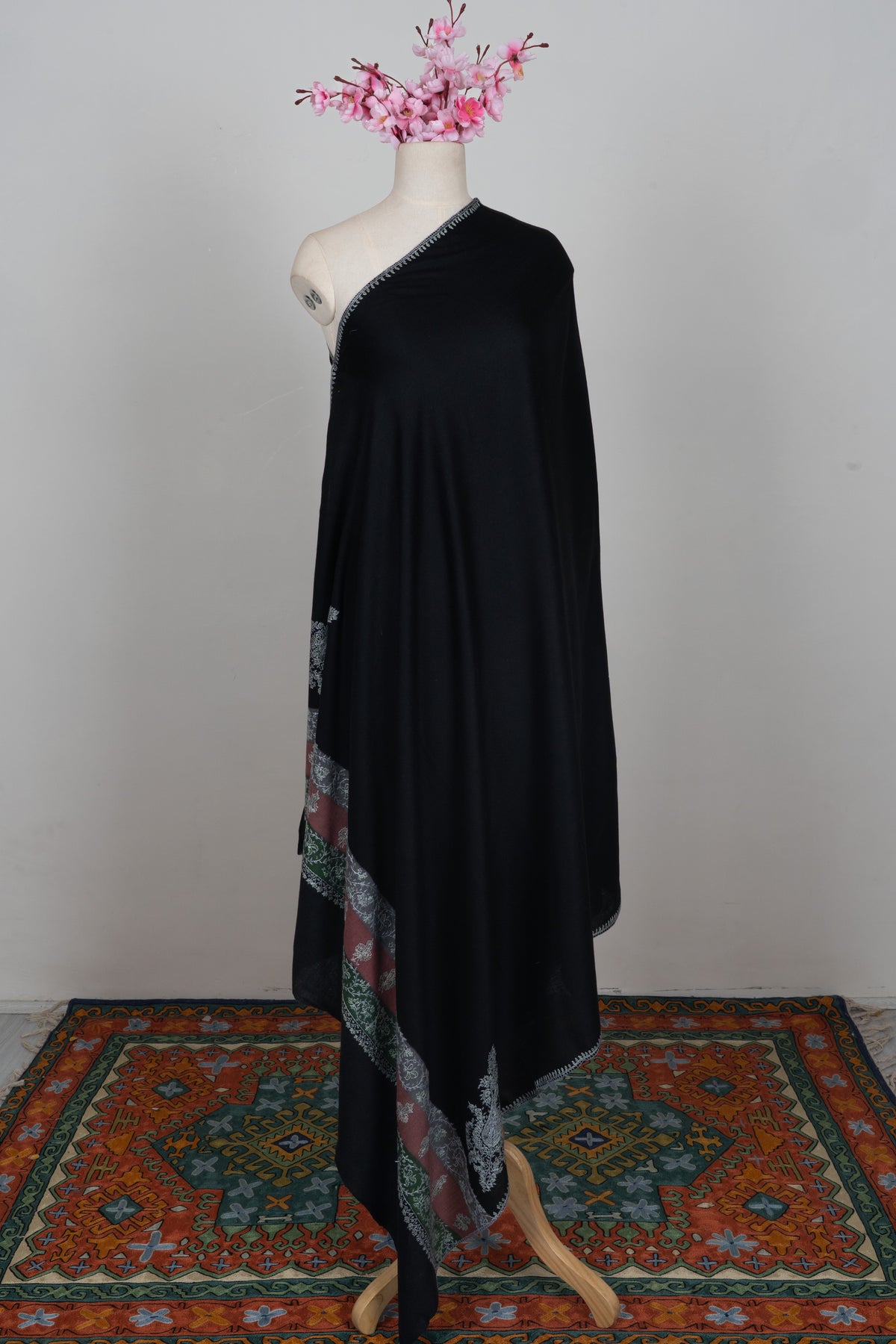 Midnight Regal Charm: Merino wool 2.5 Yards Sozni Hand Embroidered Shawl
