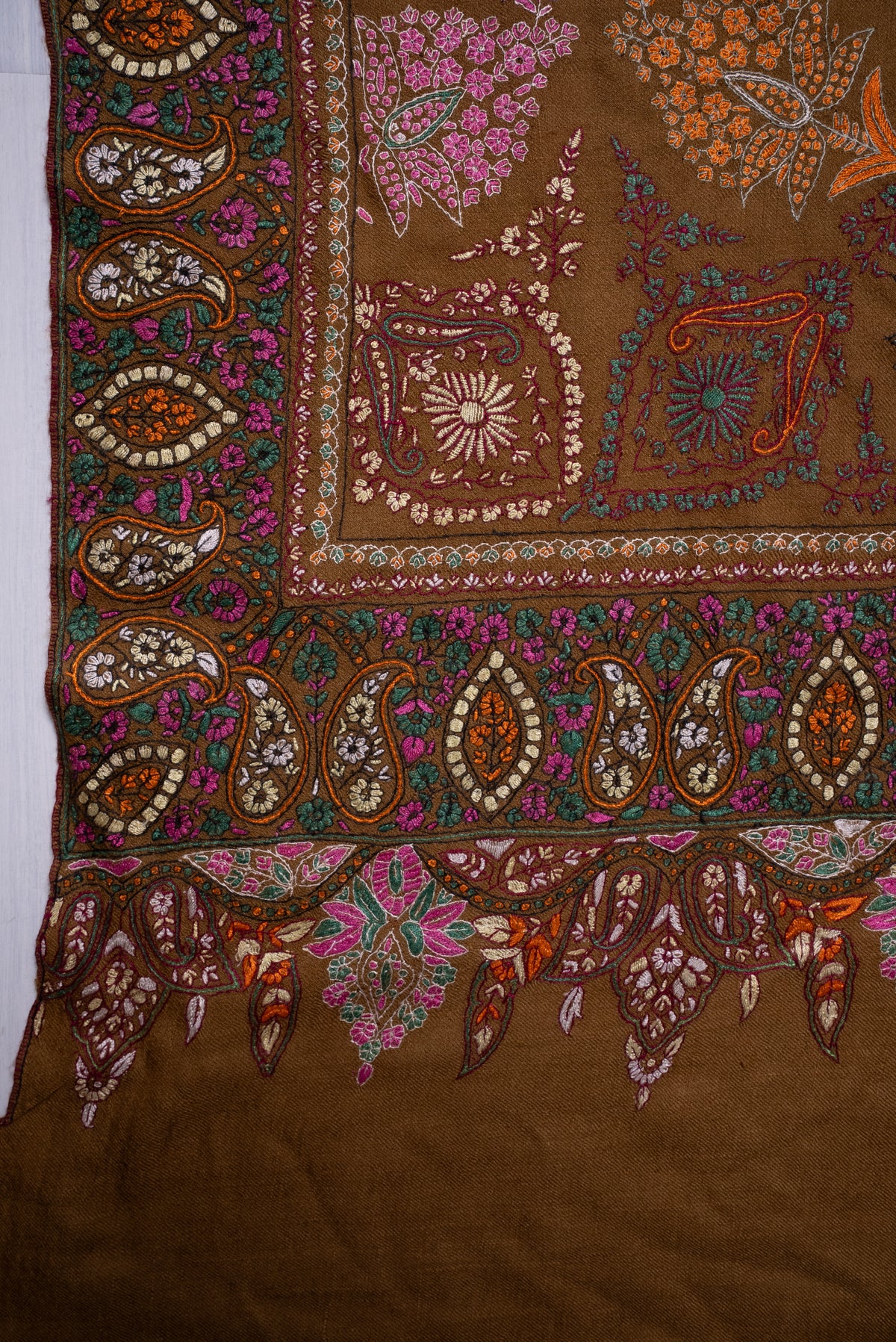 Heritage Amber Garden: Pure Pashmina Sozni Hand Embroidered 2.5 Yards Shawl