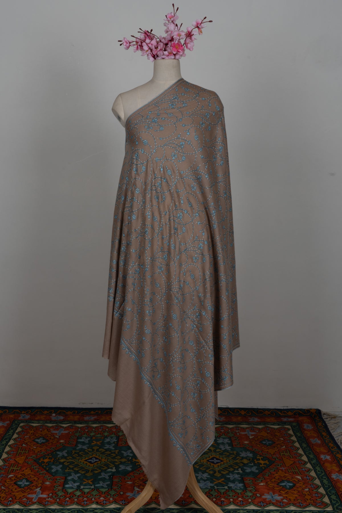 Desert Bloom Teal: Merino wool 2.5 Yards Sozni Hand Embroidered Shawl