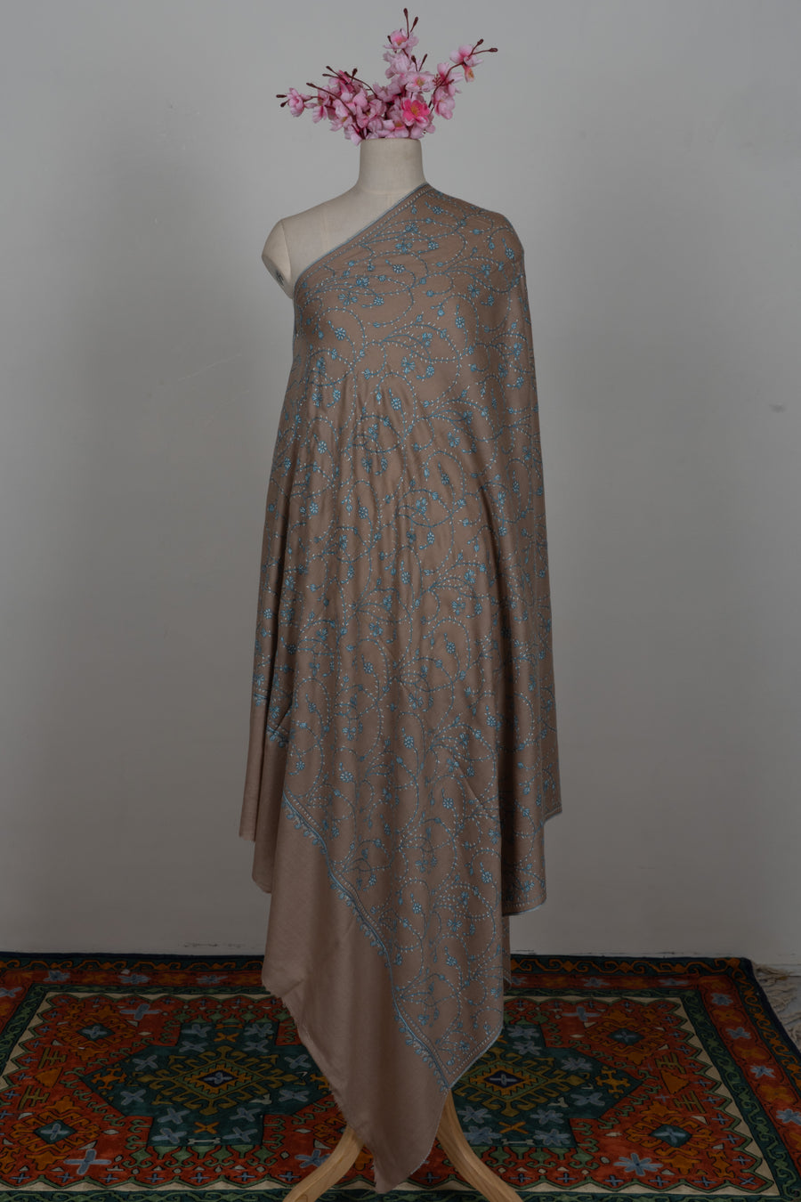 Desert Bloom Teal: Merino wool 2.5 Yards Sozni Hand Embroidered Shawl