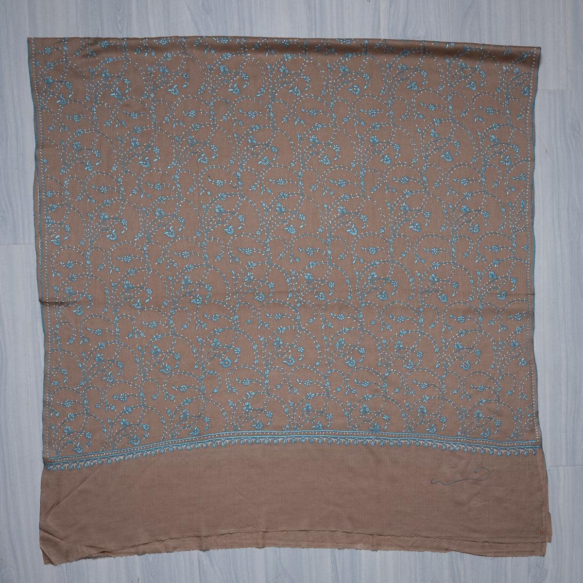 Desert Bloom Azure Vine: Fine Merino Wool Sozni Hand Embroidered 2.5 Yards Shawl