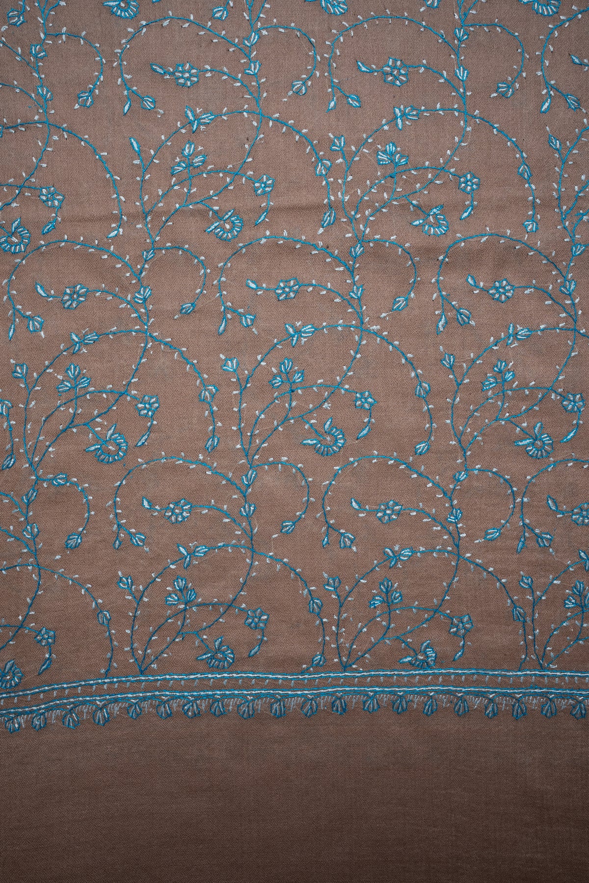 Desert Bloom Azure Vine: Fine Merino Wool Sozni Hand Embroidered 2.5 Yards Shawl