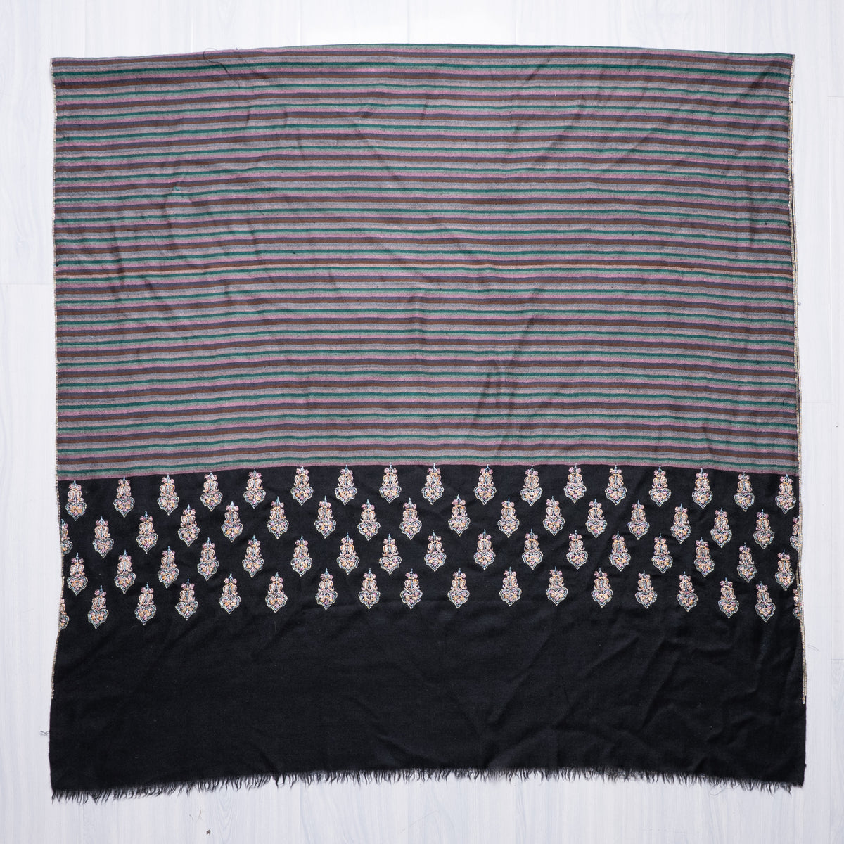 Twilight Stripe Fusion: Pure Pashmina Sozni Hand Embroidered Shawl