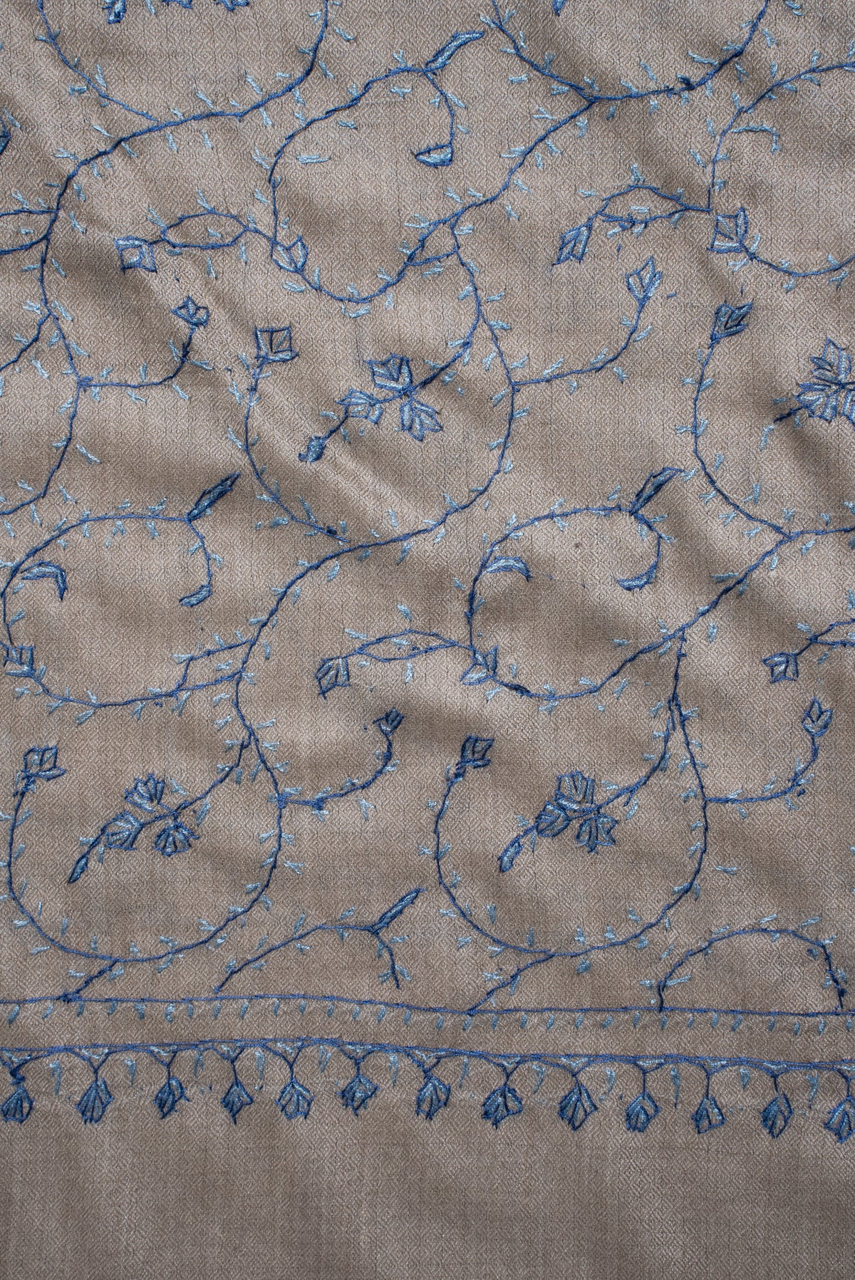 Mist Grey Floral Trail: Merino Wool Hand Embroidered 2.5 Yards Shawl