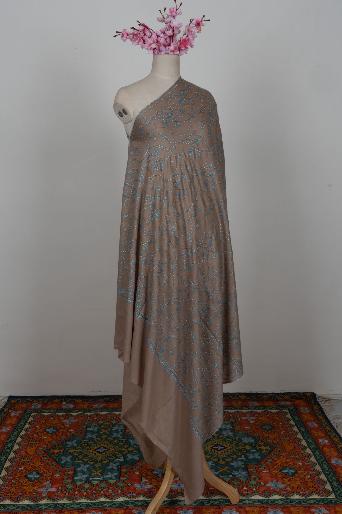Desert Bloom Teal: Merino wool 2.5 Yards Sozni Hand Embroidered Shawl