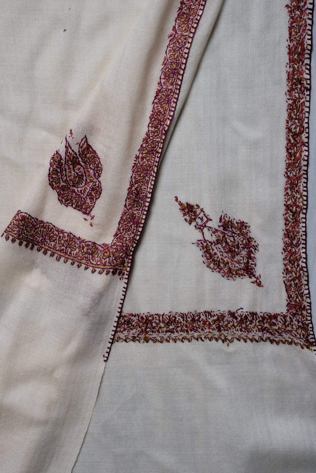 Ivory Minimal Border Grace: Merino Wool Hand Embroidered 2.5 Yards Shawl