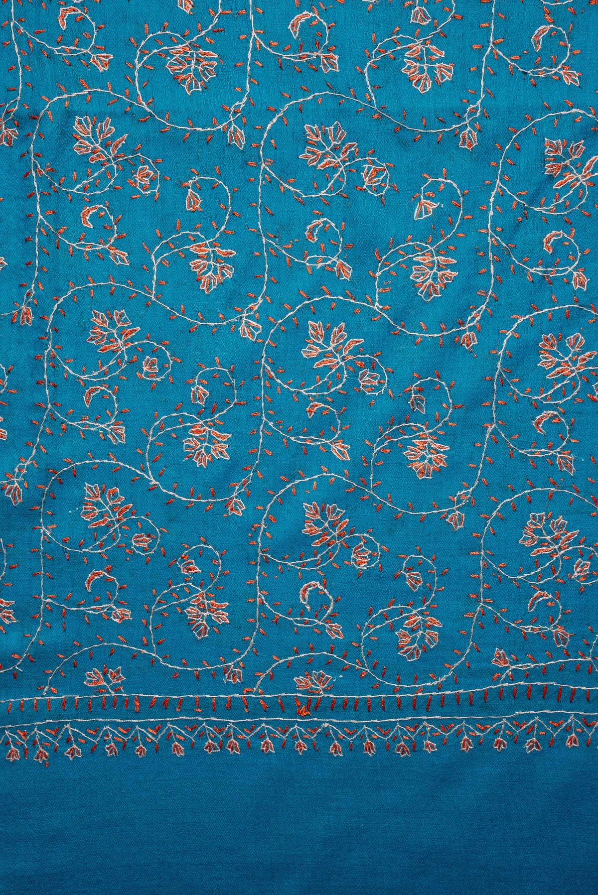 Turquoise Bloom Symphony: Merino Wool Hand Embroidered 2.5 Yards Shawl