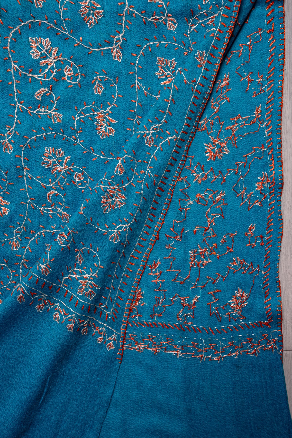 Turquoise Bloom Symphony: Merino Wool Hand Embroidered 2.5 Yards Shawl
