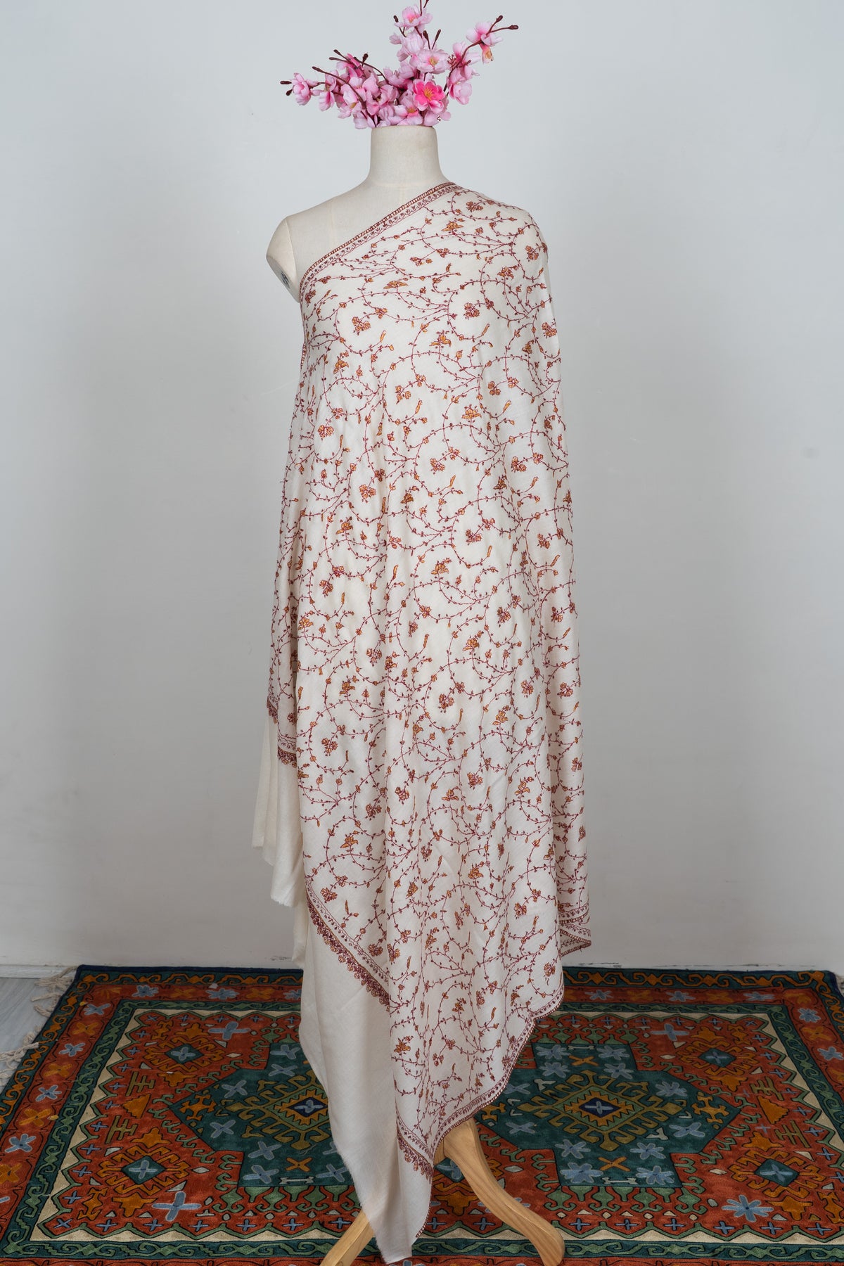 Blossom Vine Ivory: Merino wool 2.5 Yards Sozni Hand Embroidered Shawl