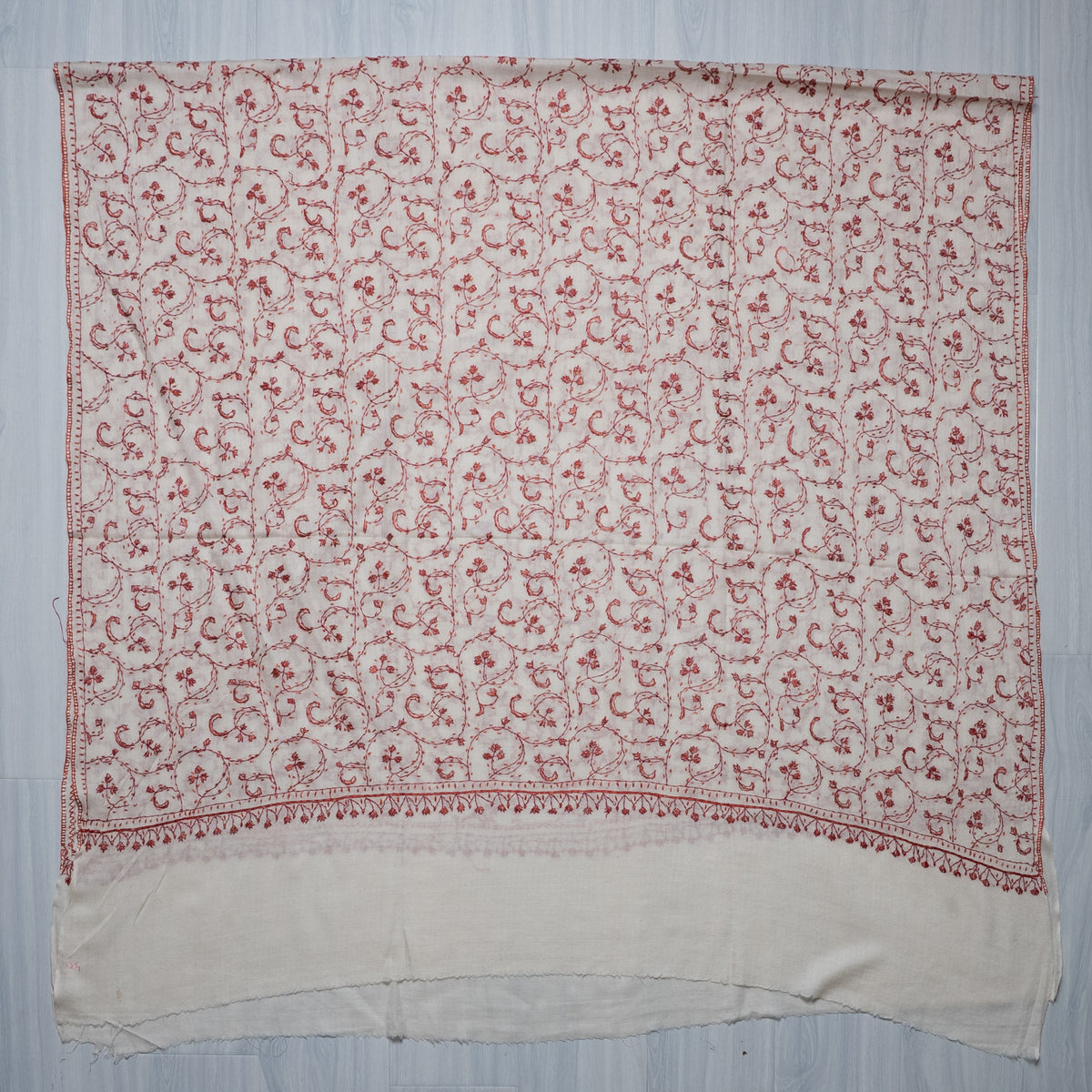 Ivory Scarlet Vine Grace: Merino Wool Hand Embroidered 2.5 Yards Shawl