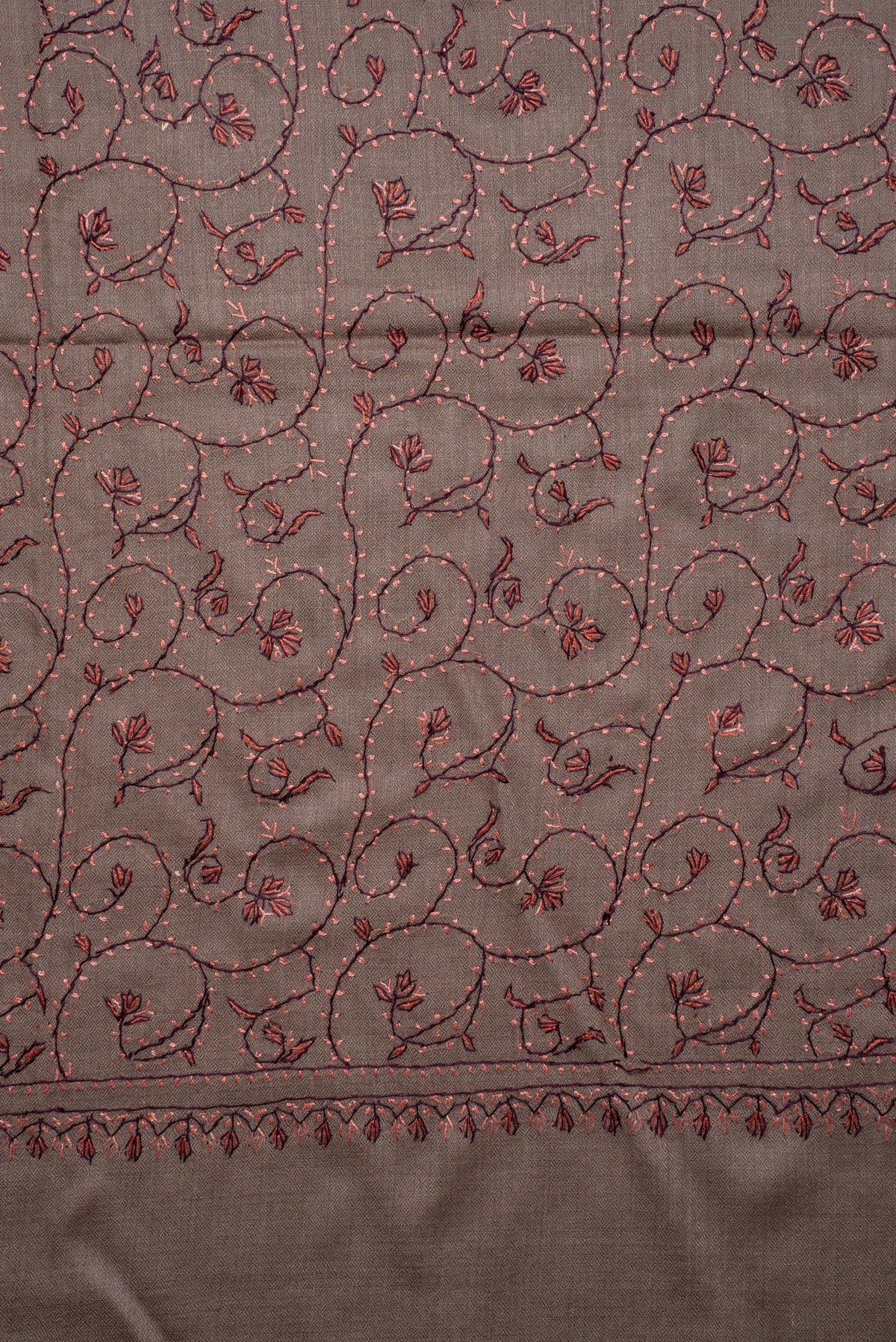 Cocoa Vine Elegance: Merino Wool Hand Embroidered 2.5 Yards Shawl