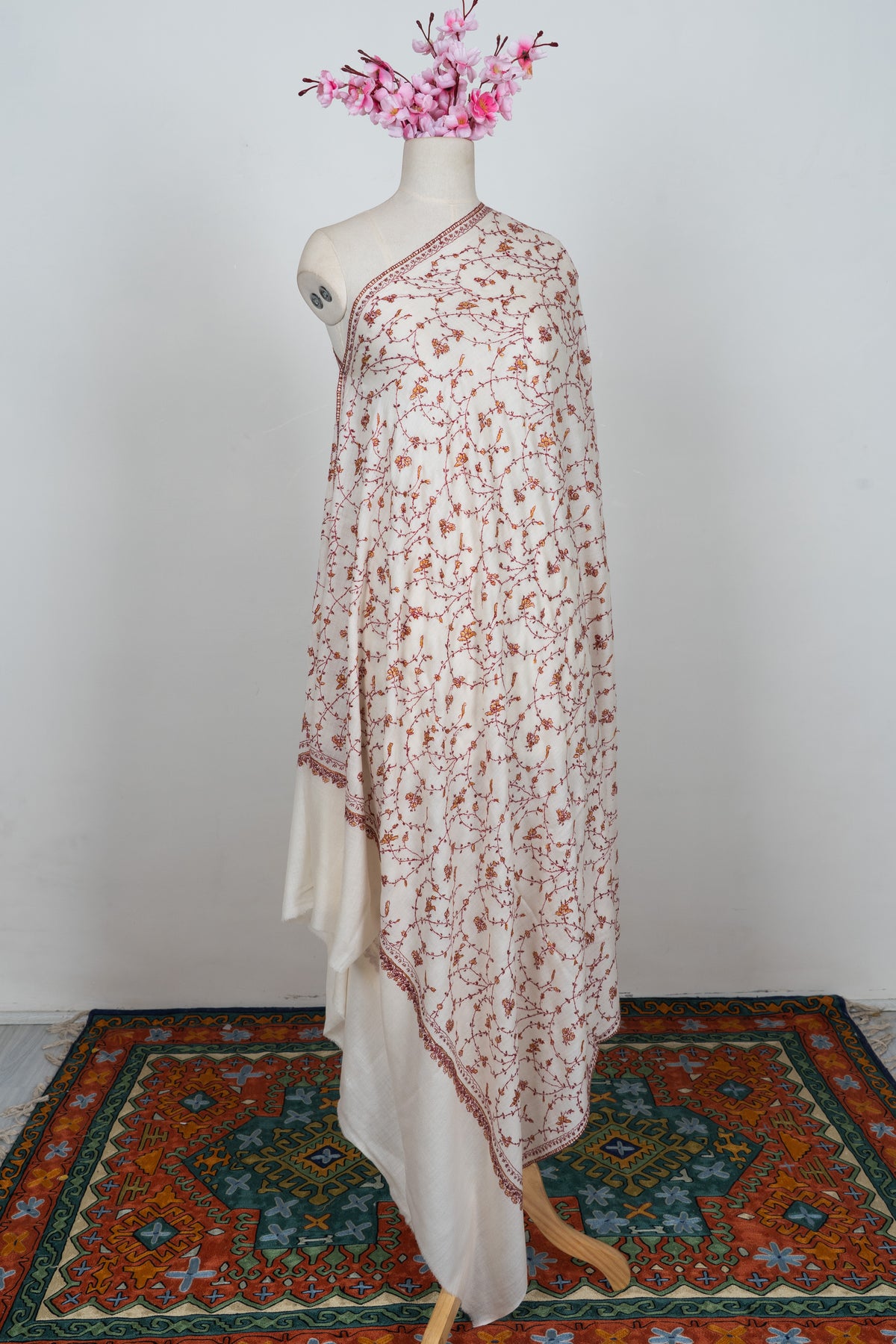 Blossom Vine Ivory: Merino wool 2.5 Yards Sozni Hand Embroidered Shawl