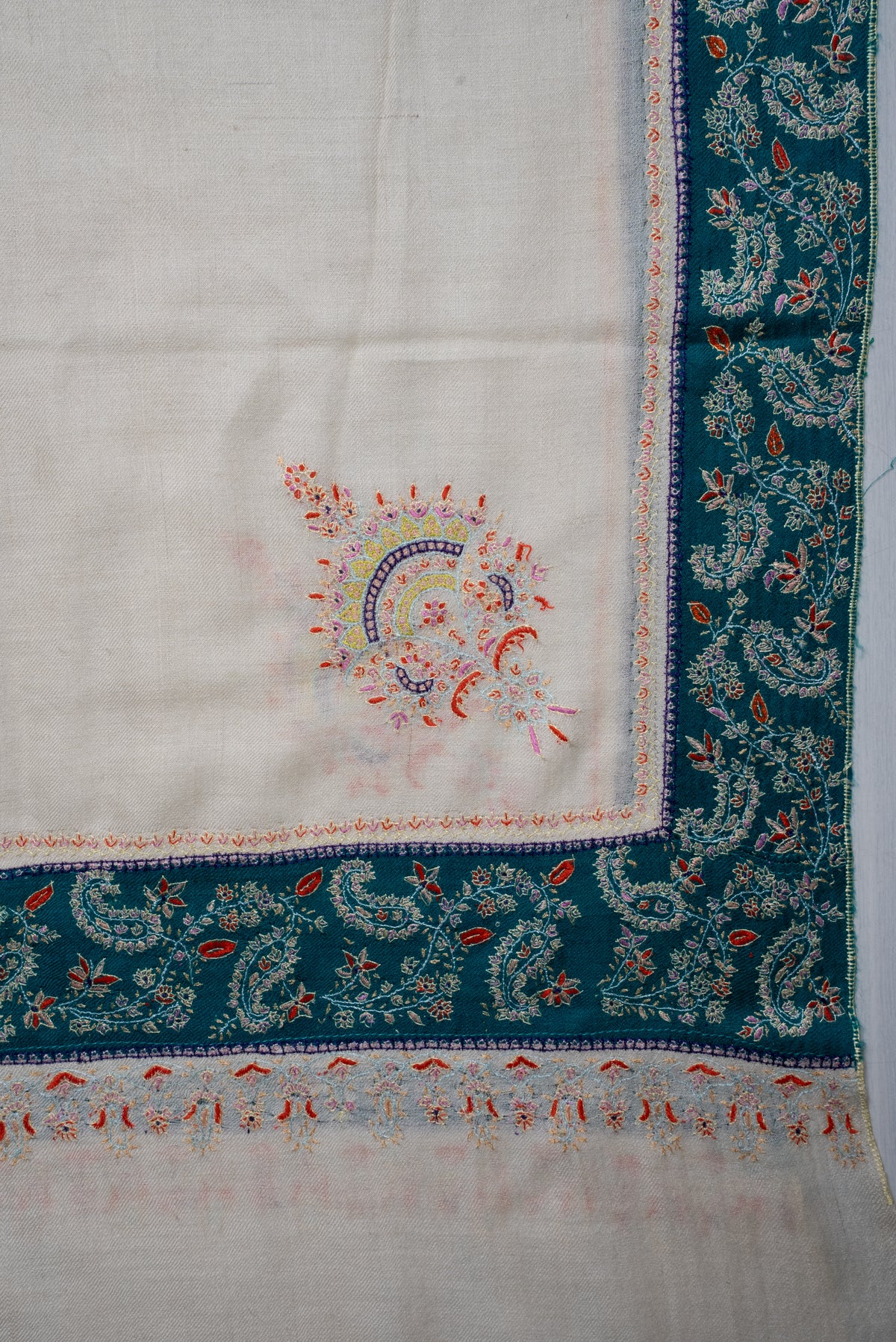 Ivory Teal Heritage Border: Pure Pashmina Hand Embroidered Shawl
