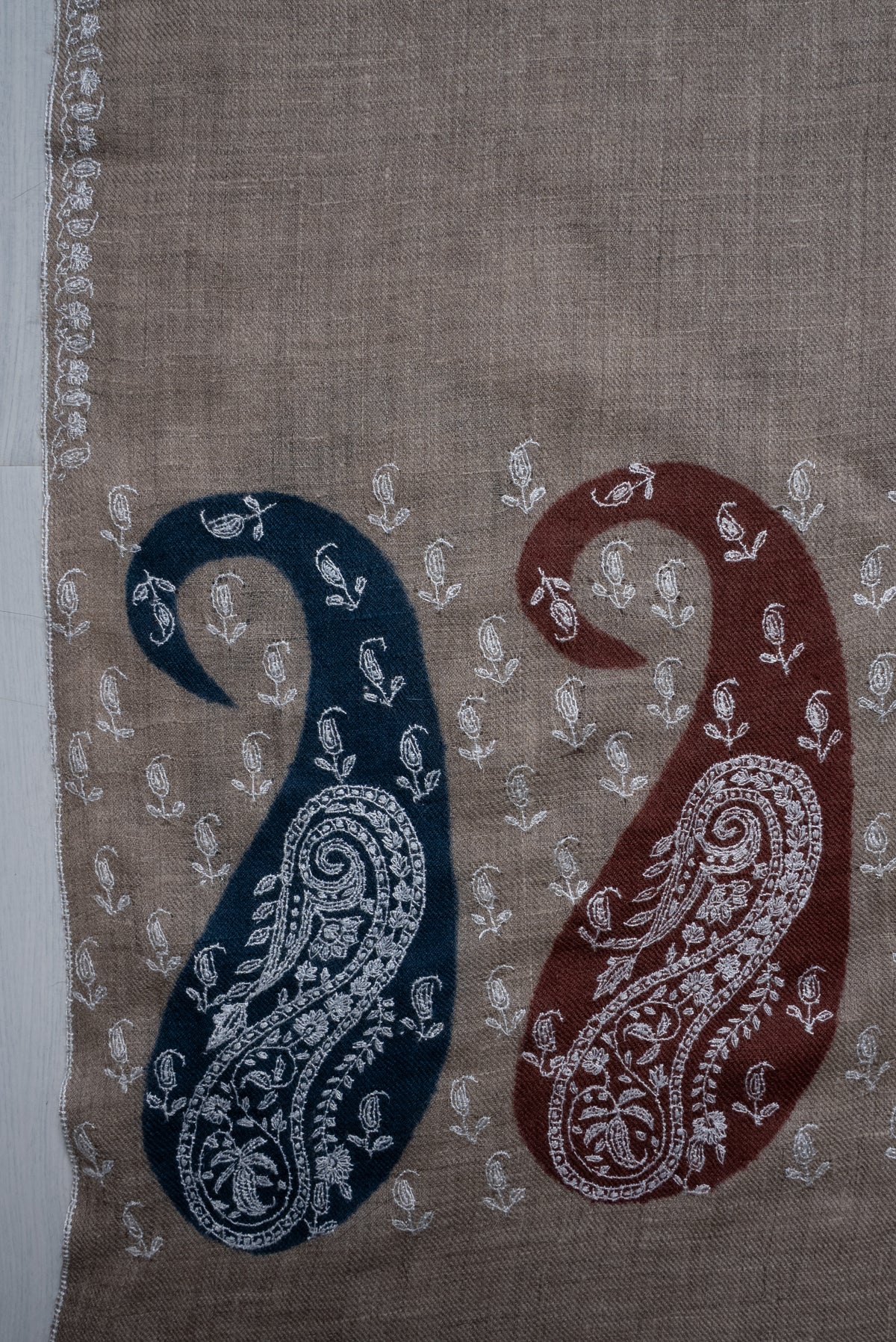 Taupe Paisley Cascade: Pure Pashmina Hand Embroidered Shawl