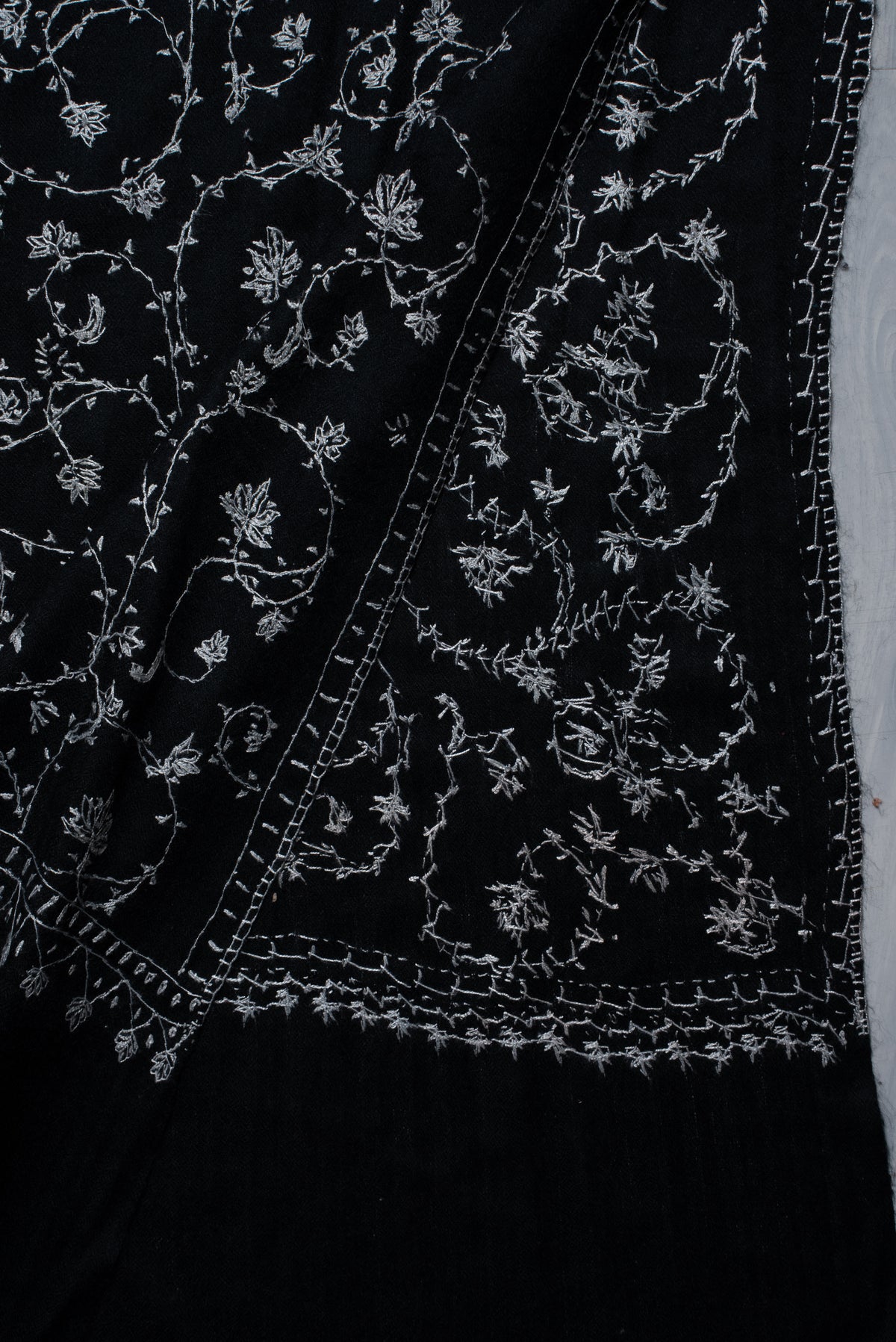 Noir Ivory Floral Weave: Merino Wool Hand Embroidered 2.5 Yards Shawl
