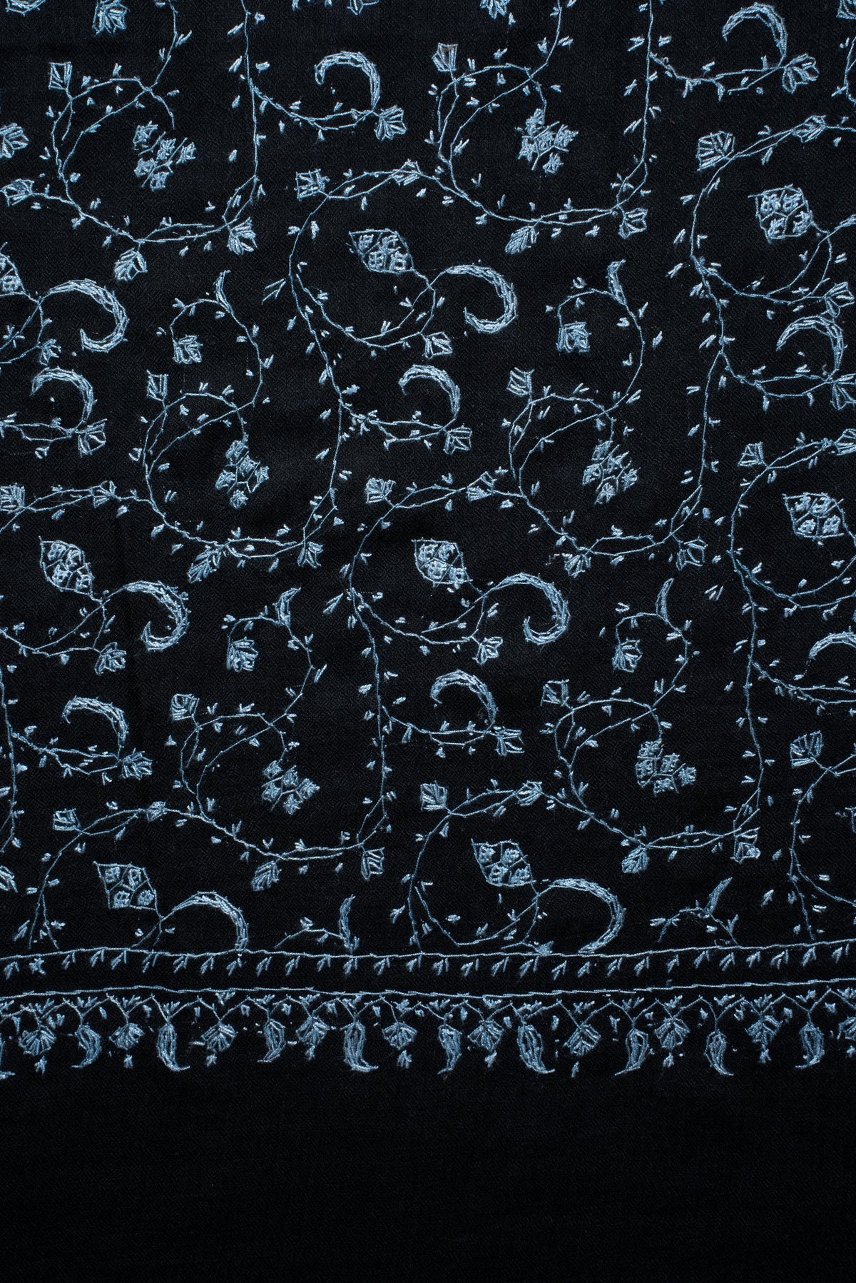 Midnight Blue Floral Trail: Merino Wool Hand Embroidered 2.5 Yards Shawl