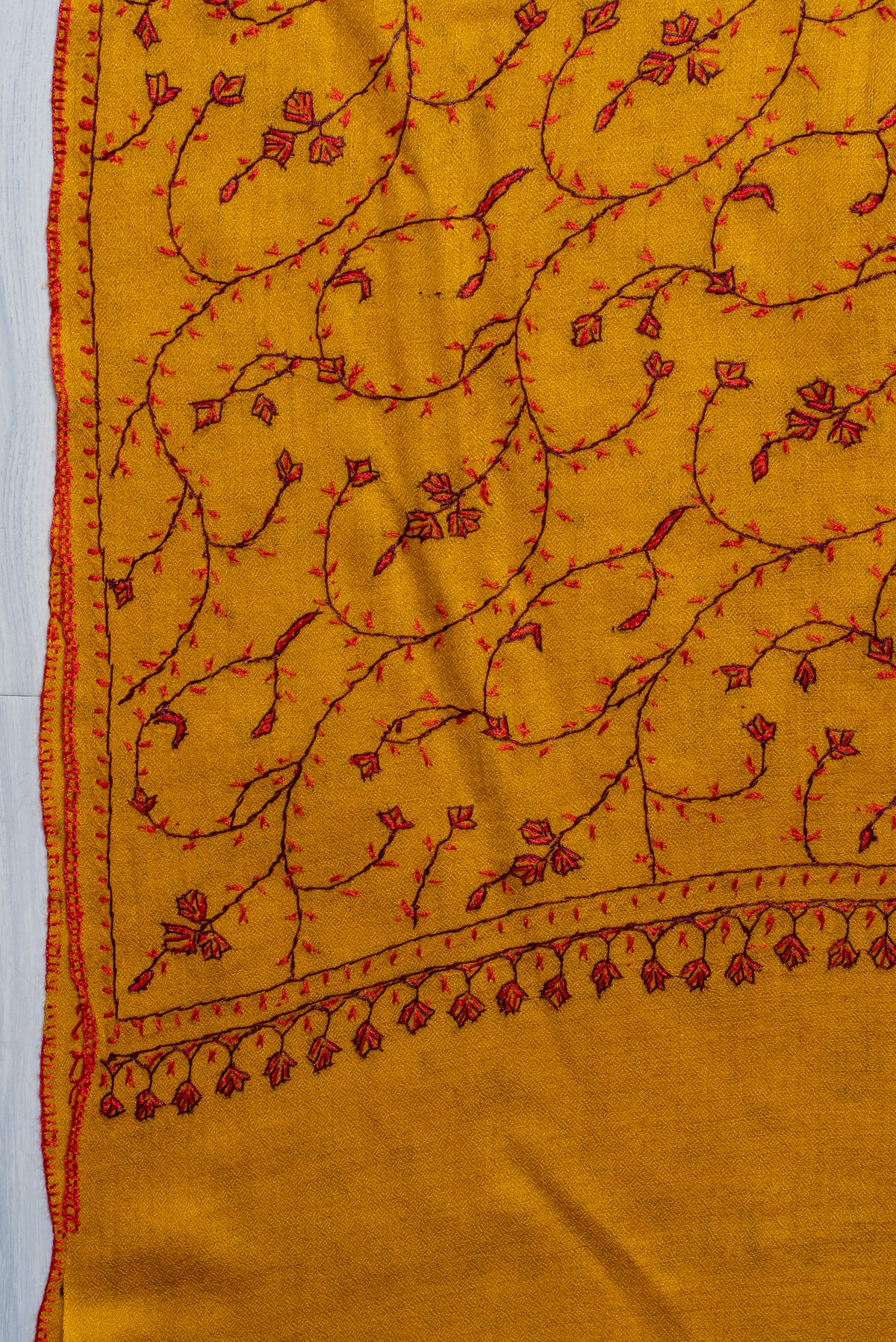 Saffron Vine Radiance: Merino Wool Hand Embroidered 2.5 Yards Shawl