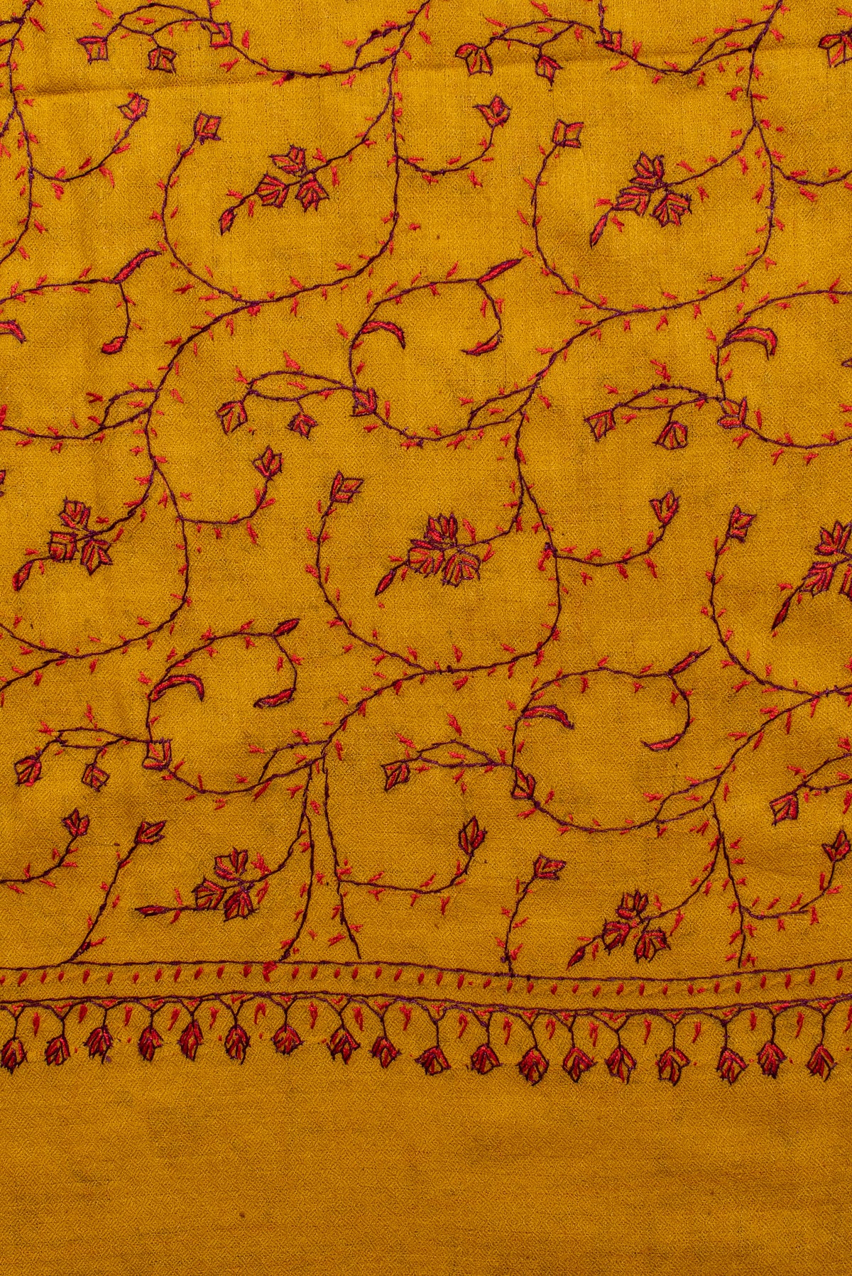 Saffron Vine Radiance: Merino Wool Hand Embroidered 2.5 Yards Shawl