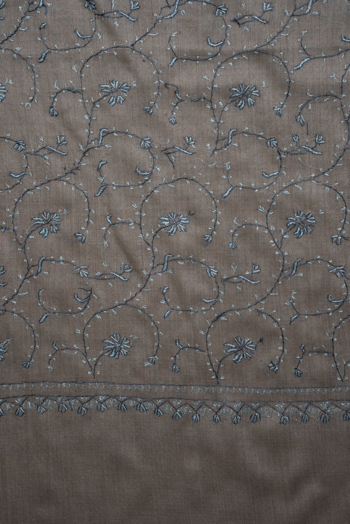 Ash Blue Floral Symphony: Merino Wool Hand Embroidered 2.5 Yards Shawl