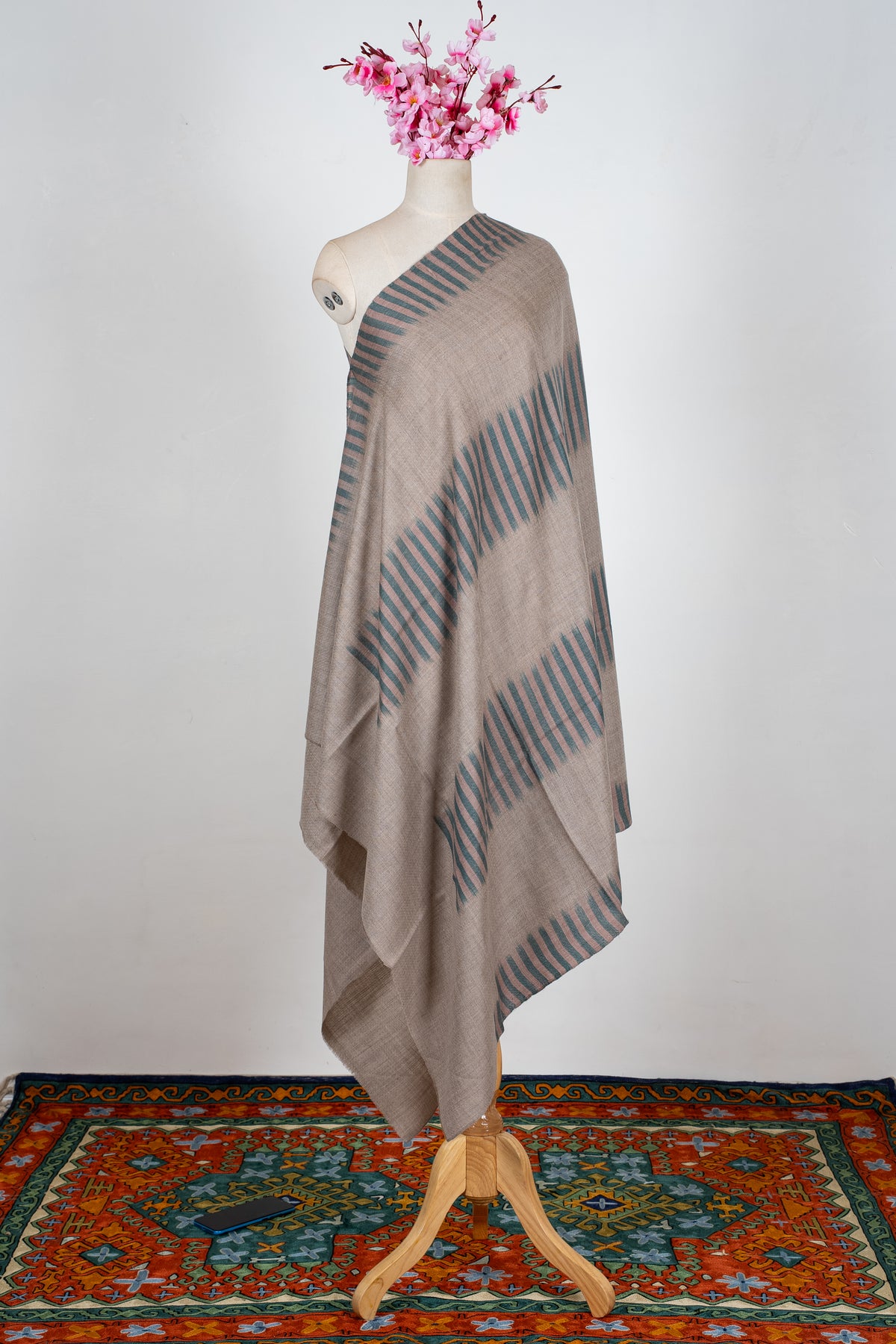 Teal Whisper Lines: Pure Pashmina Ikat Shawl