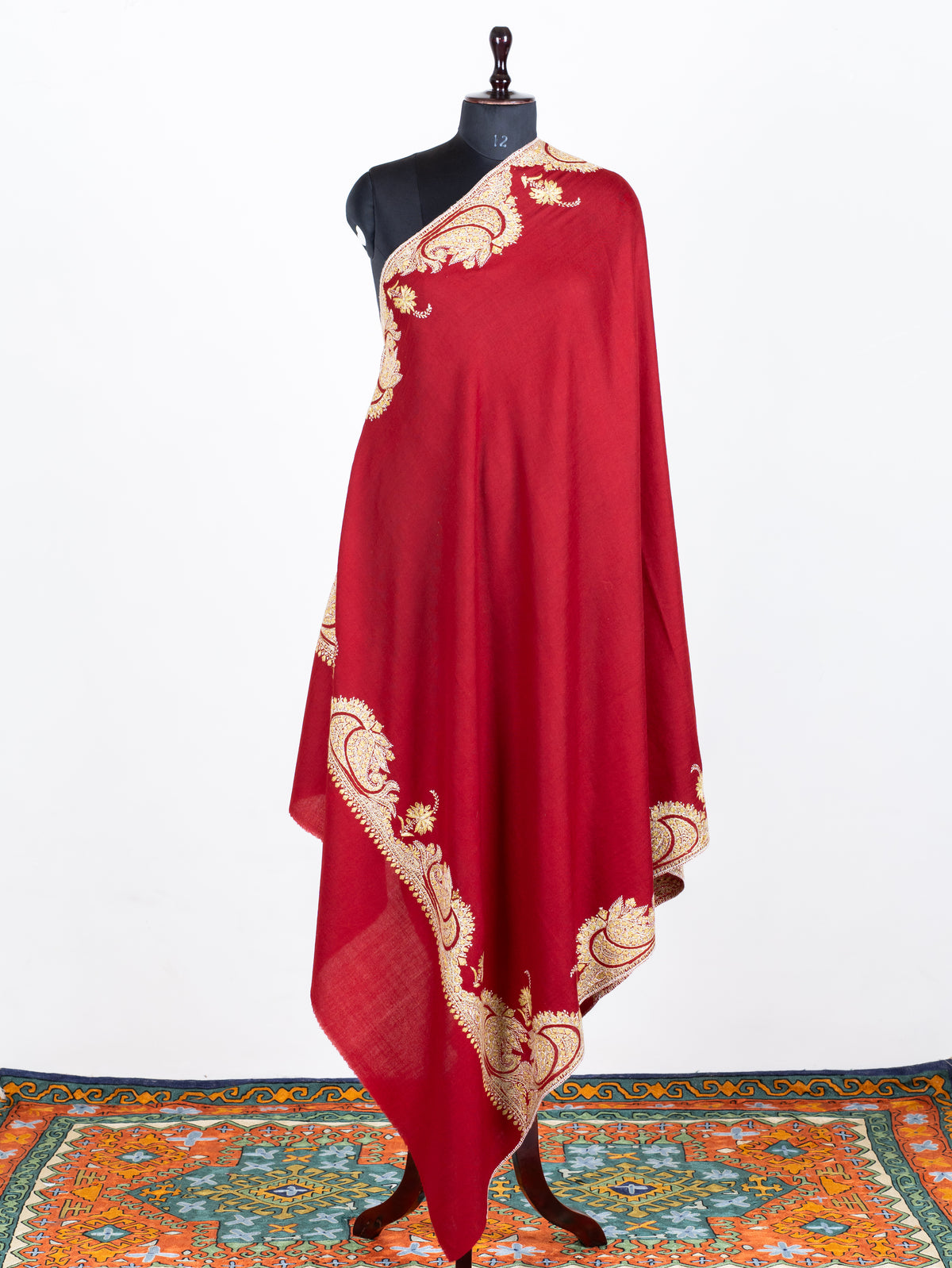 Crimson Red Merino Wool Shawl with Traditional Sozni Hand Embroidered Paisleys