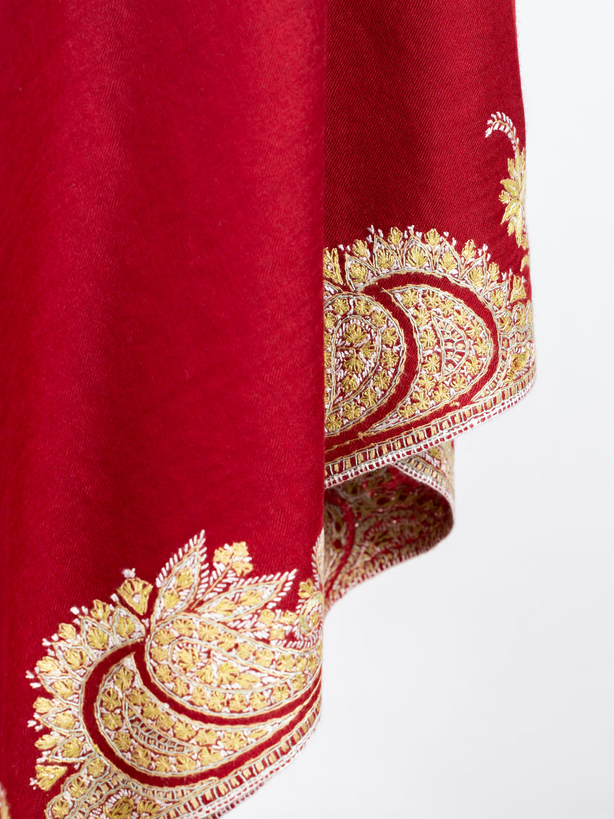 Crimson Red Merino Wool Shawl with Traditional Sozni Hand Embroidered Paisleys