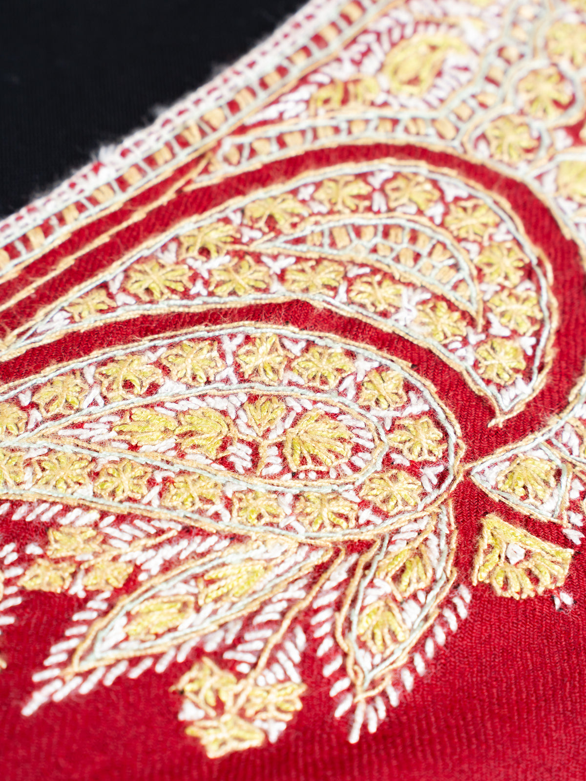 Crimson Red Merino Wool Shawl with Traditional Sozni Hand Embroidered Paisleys