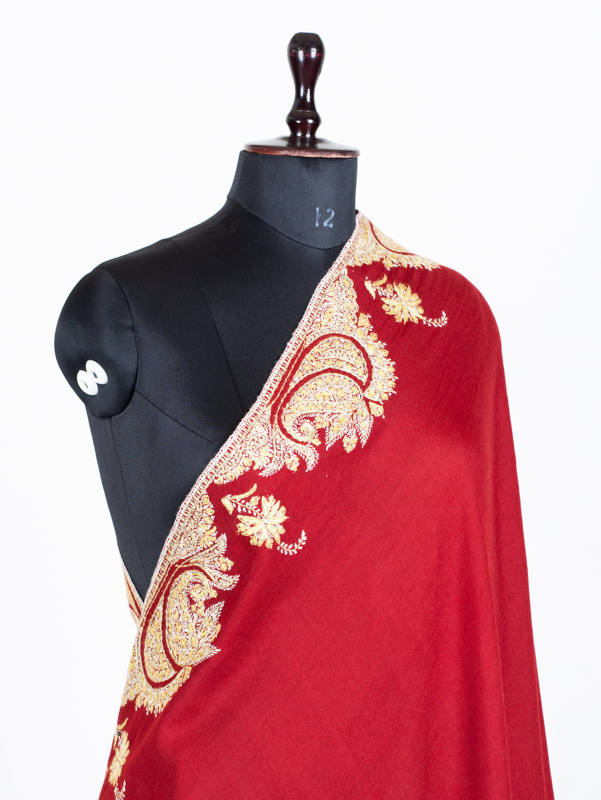 Crimson Red Merino Wool Shawl with Traditional Sozni Hand Embroidered Paisleys