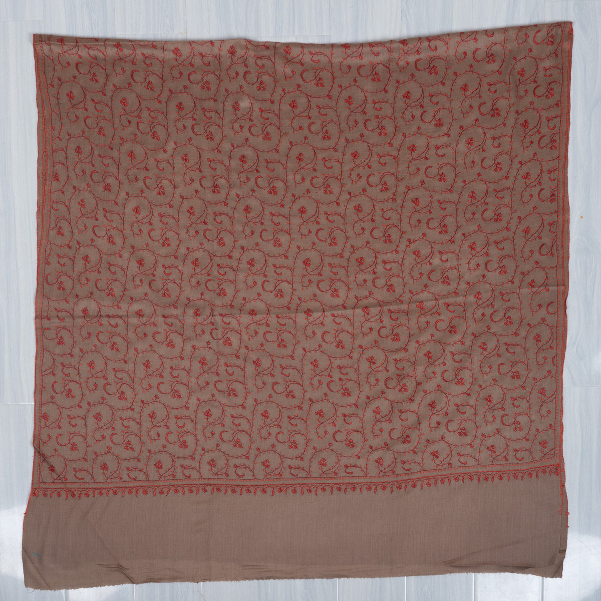 Rosewood Whisper: Merino wool 2.5 Yards Sozni Hand Embroidered Shawl