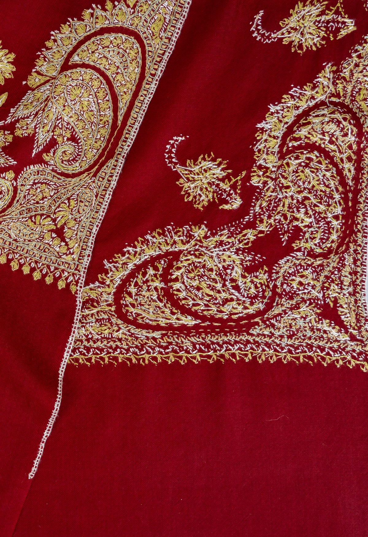 Crimson Red Merino Wool Shawl with Traditional Sozni Hand Embroidered Paisleys