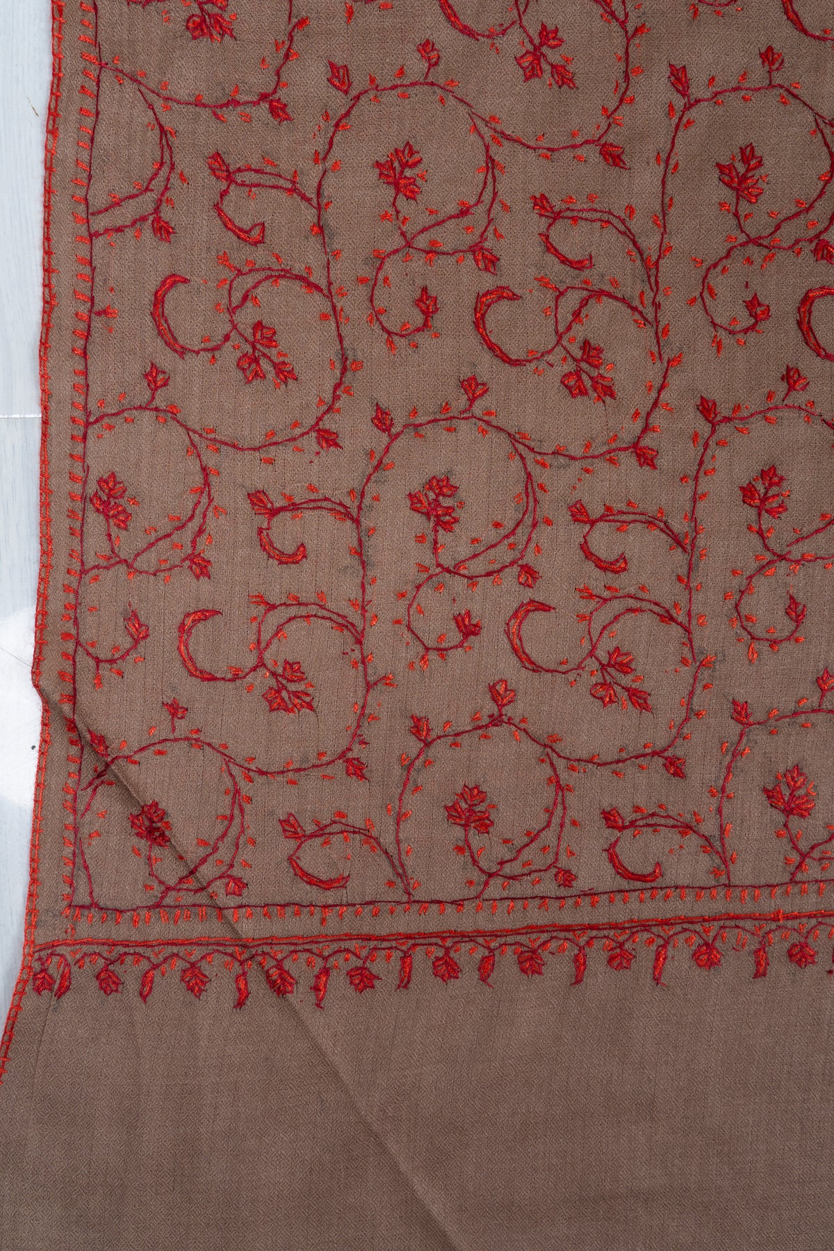 Rosewood Whisper: Merino wool 2.5 Yards Sozni Hand Embroidered Shawl