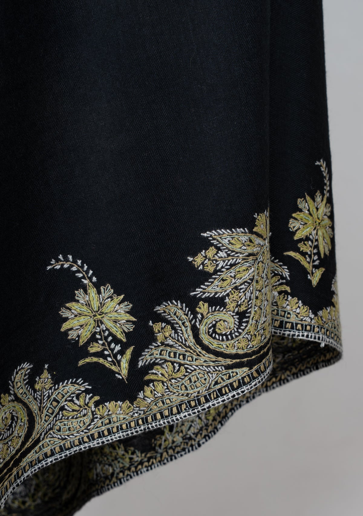 Midnight Black Merino Wool Shawl with Golden Sozni Hand Embroidered Paisleys