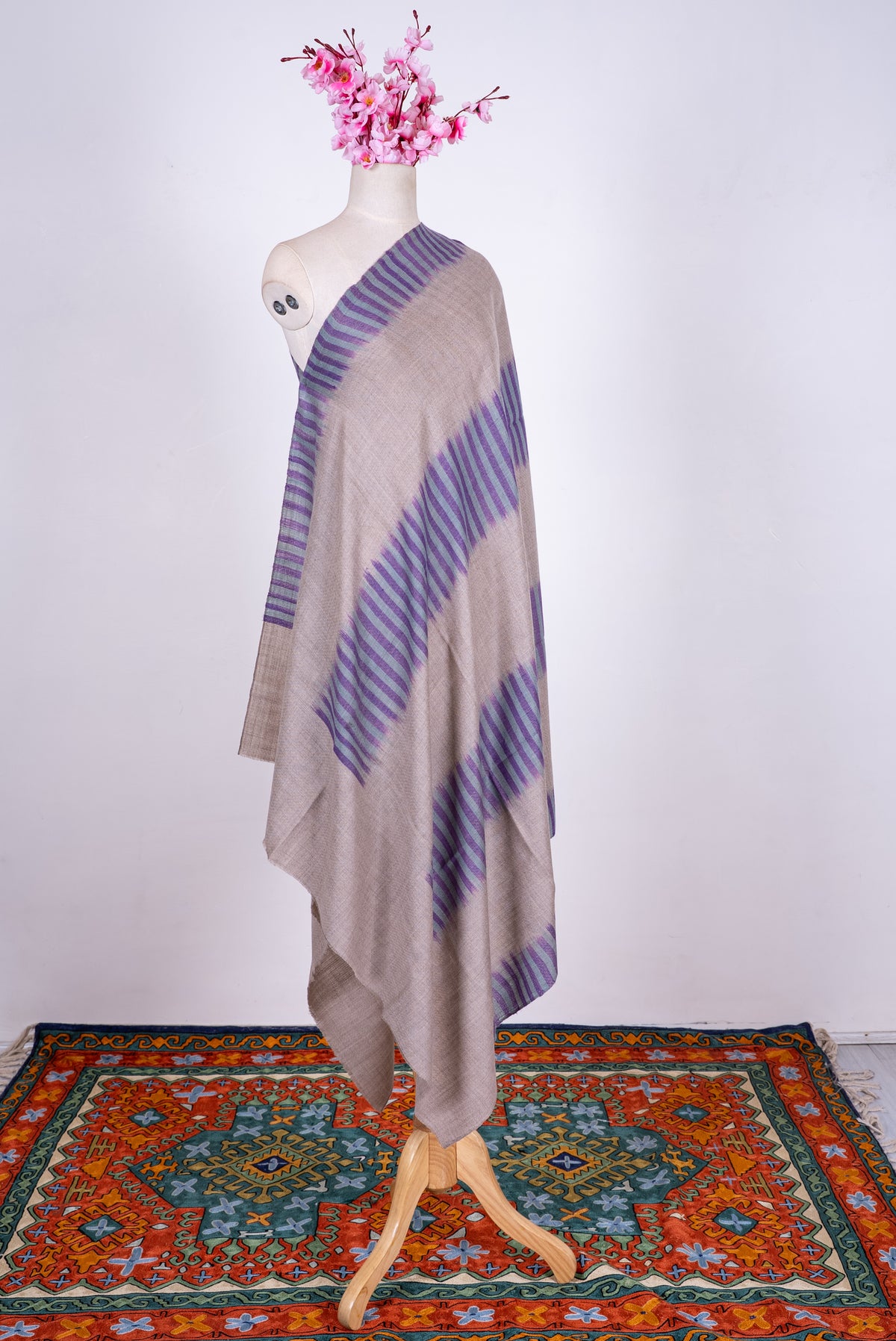 Lavender Dusk Lines: Pure Pashmina Ikat Shawl