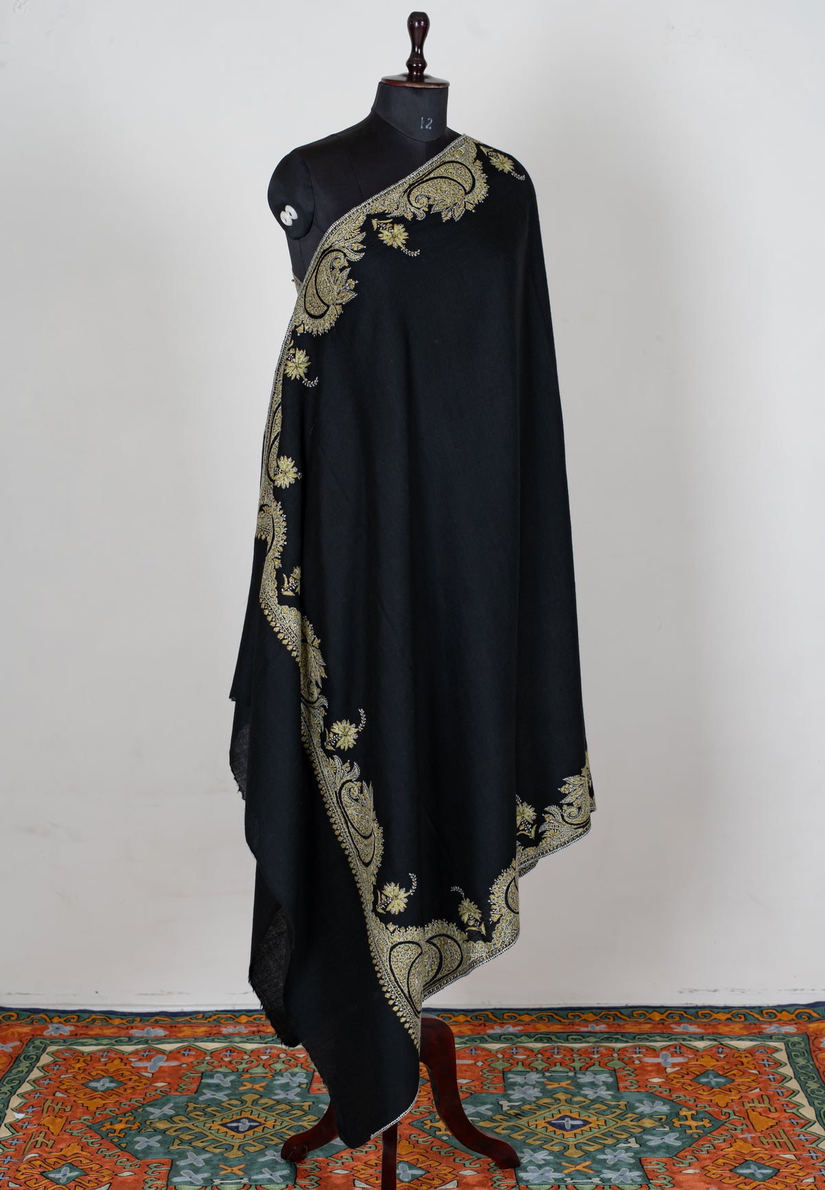 Midnight Black Merino Wool Shawl with Golden Sozni Hand Embroidered Paisleys