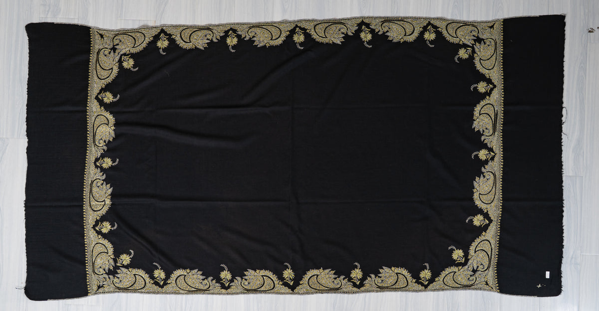 Midnight Black Merino Wool Shawl with Golden Sozni Hand Embroidered Paisleys