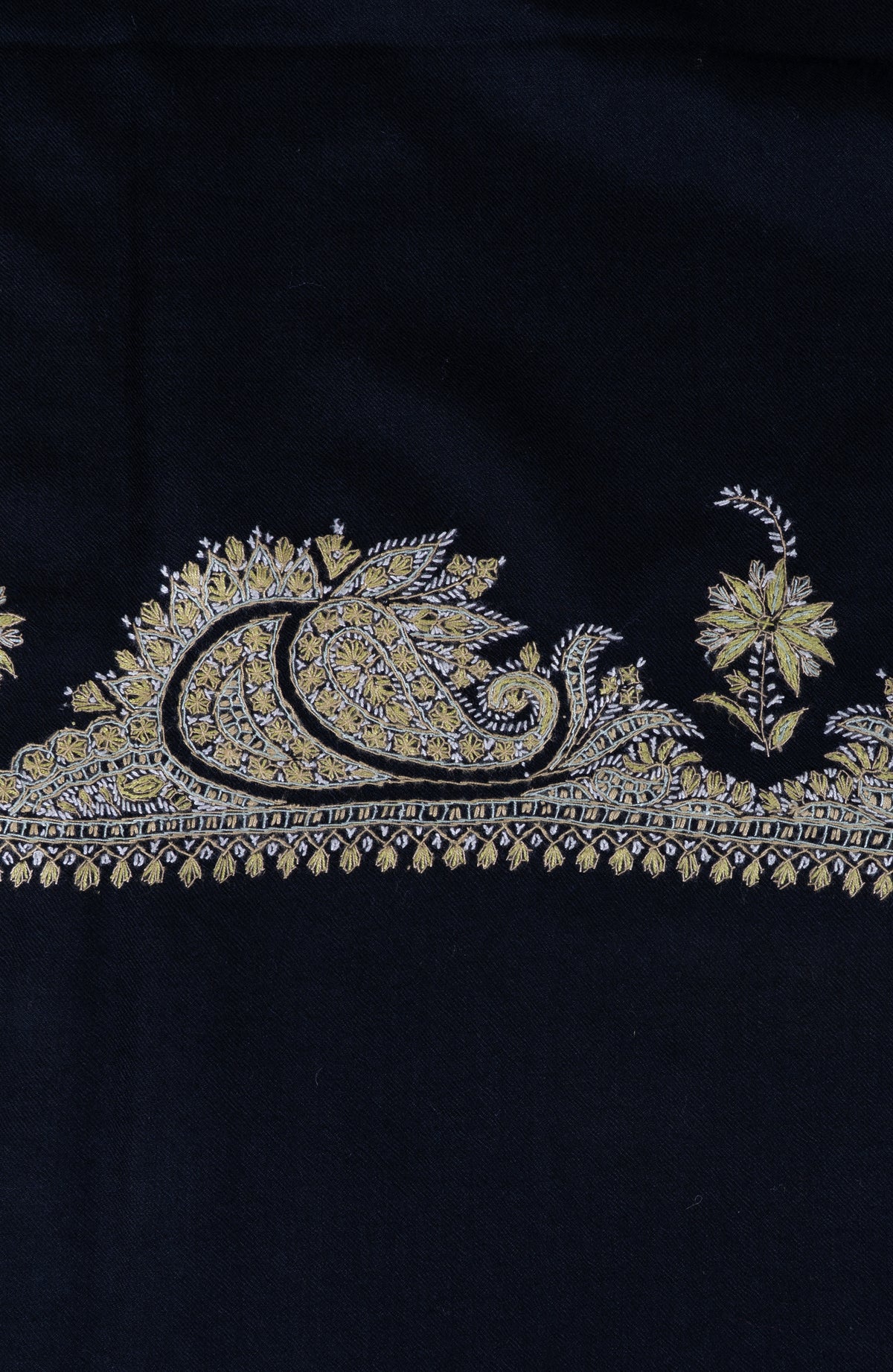 Midnight Black Merino Wool Shawl with Golden Sozni Hand Embroidered Paisleys