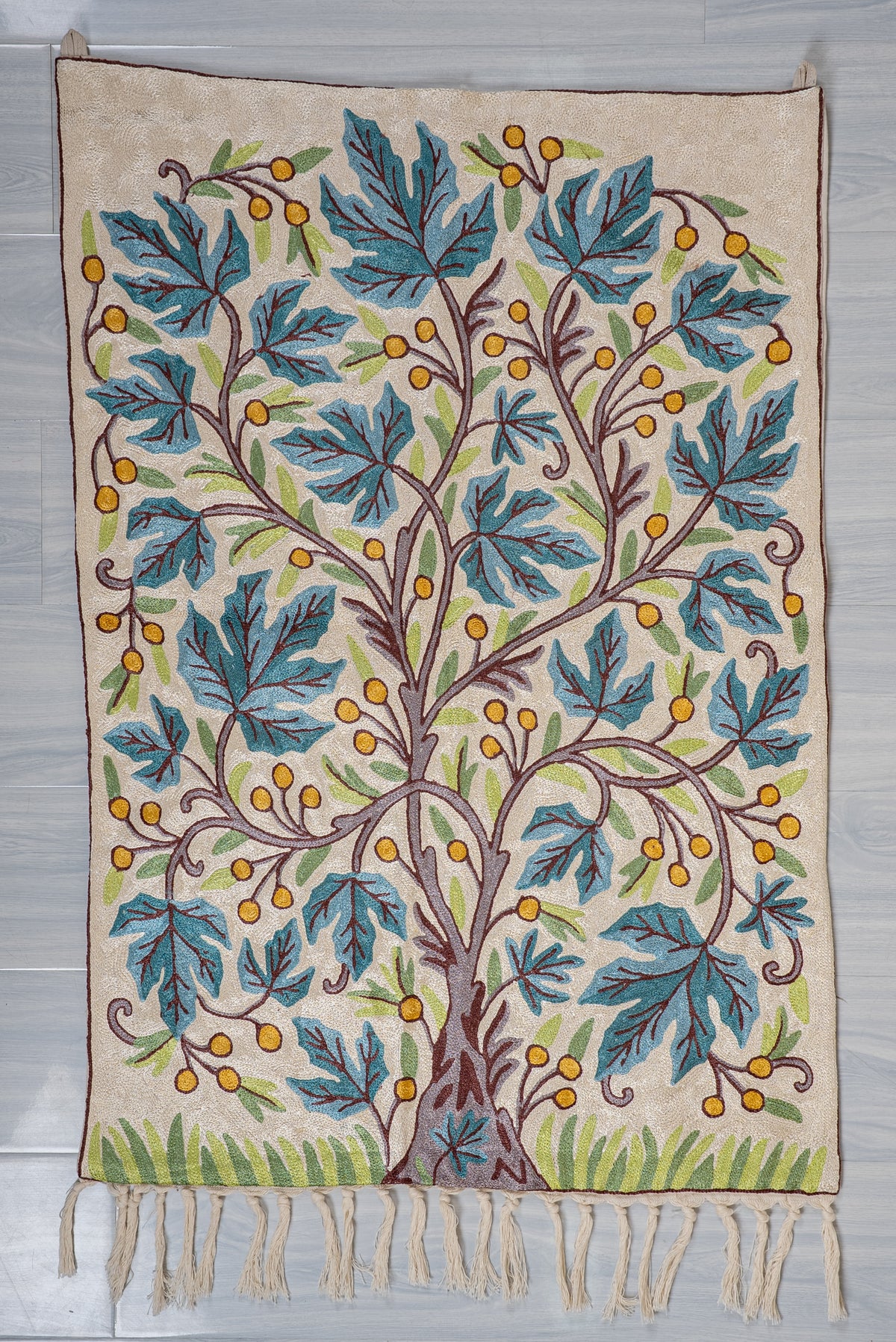 3ft x 2ft Verdant Blossom Canopy: Hand Aari Embroidered chain stitch rug